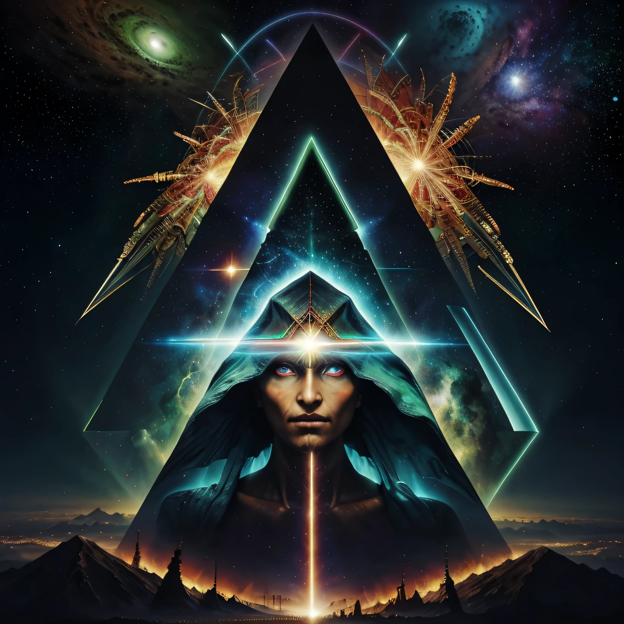 Masterpiece, full art, full color, paint, big green eye illuminati, pyramide os délabrée illuminati, ossements, oeil qui voit tout, big brother, slice of pyramide, background univers, galaxy, chaos, genesis, armagedon, amazing, particules neuronal, explosion supernova, ultra hd, realistic, super detailed, cosmos god
