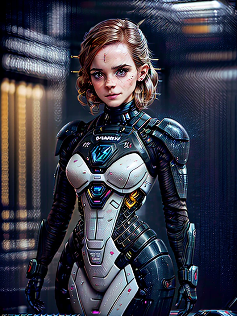 (masterpiece, high resolution, CGI:1.4), (Emma Watson), (depicting a woman with seamless robotic enhancements throughout her entire body:1.3), (her skin blending seamlessly with metallic components:1.2), (glowing circuitry running beneath her translucent skin:1.2), (mechanical joints and pistons providing enhanced mobility:1.2), (her eyes radiating with a subtle robotic glow:1.2), (intricate cybernetic tattoos adorning her body:1.2), (a metallic exoskeleton enhancing her strength and agility:1.2), (Canon EOS R5 mirrorless camera:1.2), (paired with a Canon RF 85mm f/1.2L USM lens:1.2), (capturing every detail of her advanced cybernetics:1.2), (the laboratory environment designed with a futuristic and minimalist aesthetic:1.2), (sleek and clean lines defining the space:1.1), (holographic displays showcasing advanced technology:1.1), (subtle ambient lighting adding a touch of sci-fi allure:1.1), (a captivating CGI render of a woman embodying the future of human-machine integration:1.2), Cinematic, Hyper-detailed, insane details, Beautifully color graded, Unreal Engine, DOF, Super-Resolution, Megapixel, Cinematic Lightning, Anti-Aliasing, FKAA, TXAA, RTX, SSAO, Post Processing, Post Production, Tone Mapping, CGI, VFX, SFX, Insanely detailed and intricate, Hyper maximalist, Hyper realistic, Volumetric, Photorealistic, ultra photoreal, ultra-detailed, intricate details, 8K, Super detailed, Full color, Volumetric lightning, HDR, Realistic, Unreal Engine, 16K, Sharp focus, Octane render