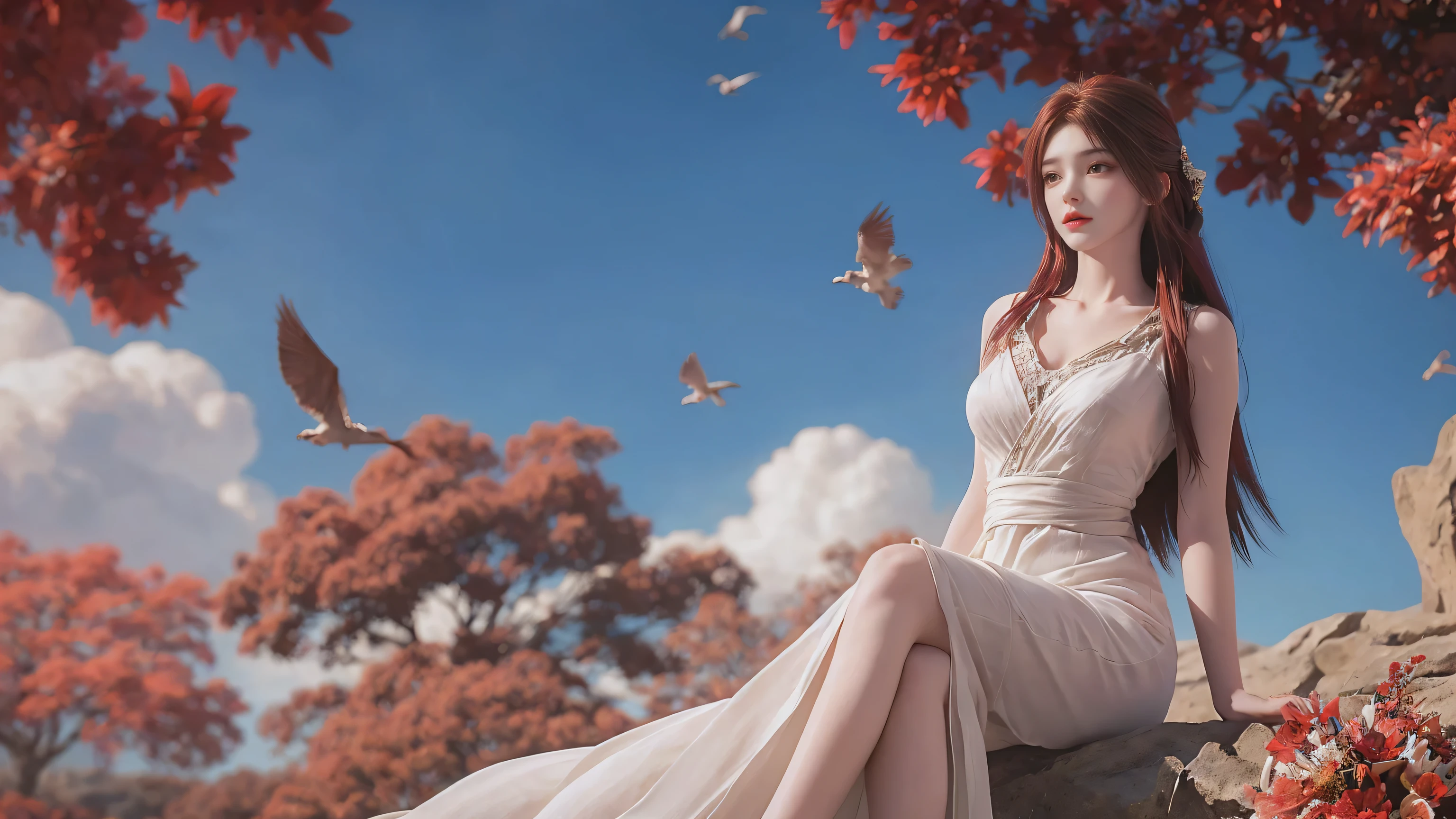 8K Ultra HD, Mastmis, A girl, Good face, Detailed, Eyes, Beautiful lips, Very red hair, dishiveredhair, Medium breasts, Wedding dress, White dress, In the park, Flying birds, blows wind, clear weather, Sitting, Full body capture,