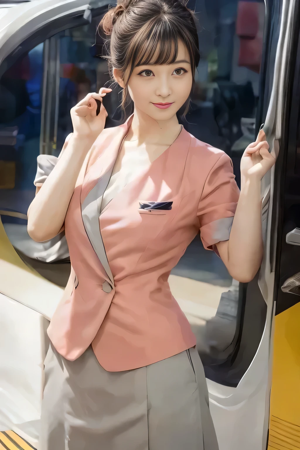 (masterpiece:1.2, highest quality:1.2), 32K HDR, High resolution, (alone、1 girl)、（On the rooftop of a building in the daytime、Professional Lighting）、Building rooftop background、（Nankai train crew uniform pinkを着たリアルスタイル）、（Nankai train crew uniform pink short sleeve pink jacket、Nankai Train Crew Uniform Pink Collarless Short Sleeve Blouse、Nankai Train crew uniform pinkのグレー色のキュロットスカート）、Dark brown hair、（Hair tied up、Hair Bun、Hair Bun）、Dark brown hair、Long Shot、Big Breasts、Thin legs、（（Great hands：2.0）），（（Harmonious body proportions：1.5）），（（Normal limbs：2.0）），（（Normal finger：2.0）），（（Delicate eyes：2.0）），（（Normal eyes：2.0））)、smile、（Nankai Train crew uniform pinkのグレー色のキュロットスカートを見せた美しい歩く姿）、Keep your hands natural