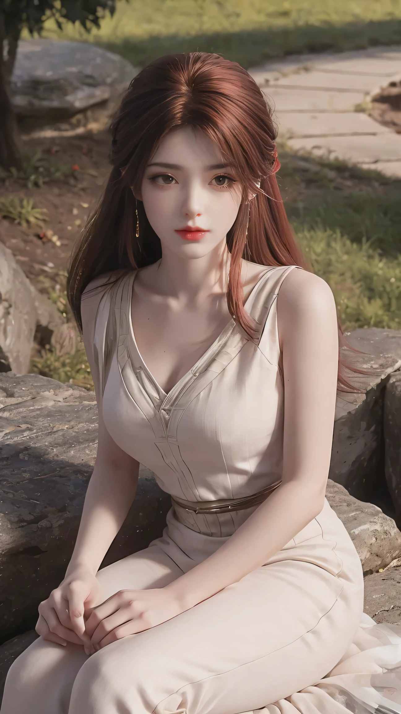 8K Ultra HD, Mastmis, A girl, Good face, Detailed, Eyes, Beautiful lips, Very red hair, dishiveredhair, Medium breasts, Wedding dress, White dress, In the park, Flying birds, blows wind, clear weather, Sitting, Full body capture,