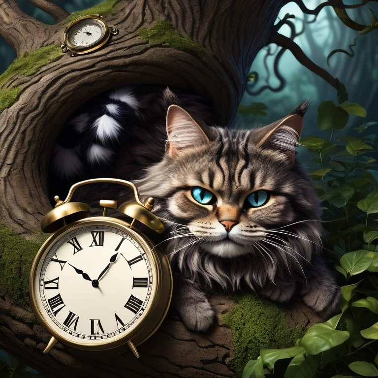 Illustration for the fairy tale Alice in Wonderland, in which Alice talks to a fluffy Cheshire cat of natural dark color, who lies on a tree with a clock and looks down slyly. Image in realistic style. There must be only one cat and only one Alice in the image