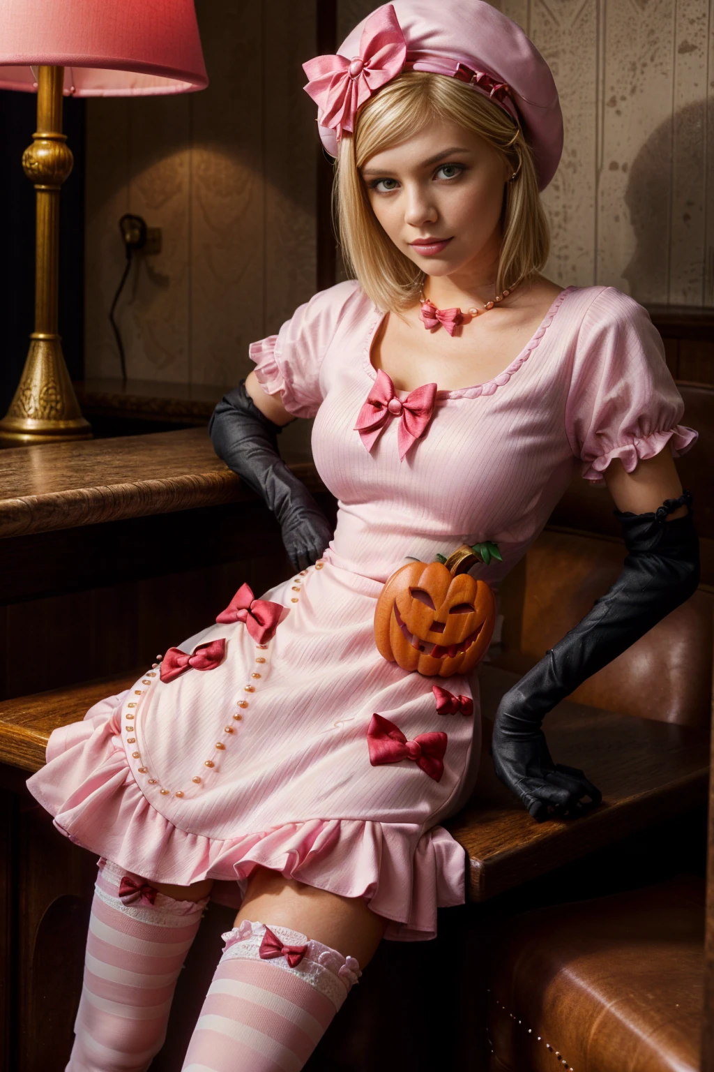 (1 lady), The beautiful, (Best quality at best:1.4), (ultra - detailed), (extremely detailed CG unified 8k wallpapers), gold blonde hair, very detailed, High-definition RAW color photo, professional photoshooting, amazing face and eyes, cosmetics, (amazingly beautiful girl), ((lambdadelta)), ((tall woman, taller)), ((dress, shoes bow, red shoes, striped stockings, red bow, pink hat, necklace, gloves, pearl, pumpkin brooch, pink dress)), (Open-chested upper dress:1.2), (Crotch is empty), clothes open,(Spread the shirt hugely:1.2),Expose the buttocks,show your legs,sexyposture,(Dark and stylish bar, drinks, lamp lights, lamp lights饰:1.3), (look from down)