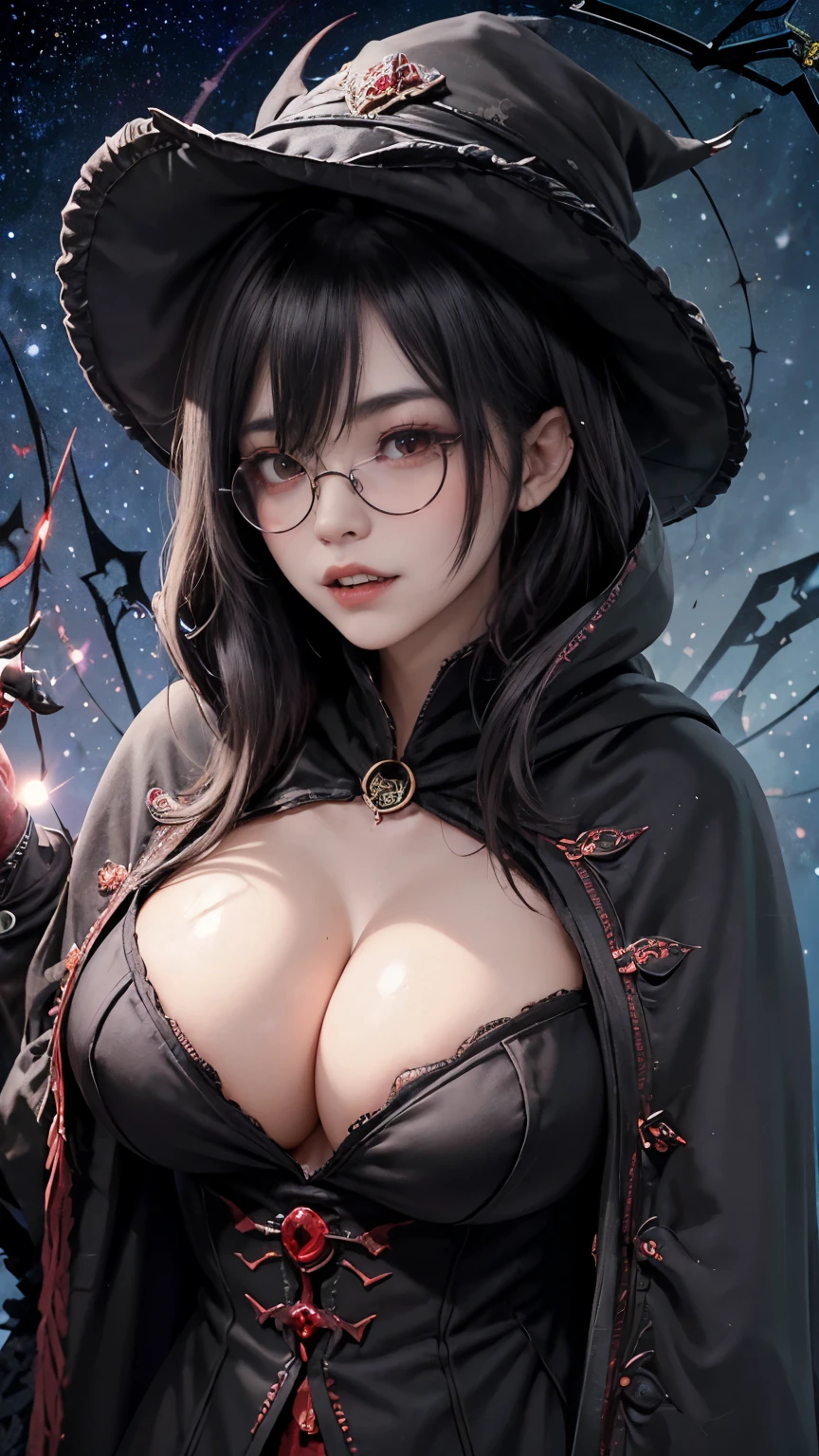 (Fatal Beauty,A fascinating villain,witch) ,(A supple and powerful physique),(Sensual charm),(Mysterious charm:1.1),(Captivating silhouette),(highest quality,High resolution:1.2),(dark,Threatening:1.1),((dark horror theme:1.5),(Thriller:1.5)),(Dark fantasy:1.5),  (((Countless stars fly away:1.5),(Absurd:1.5),(wonderful:1.5))),full length,Qu美術z Lepidolite Woman in a Red Dress, (Powerful figures:1.1) 、 ((((Round glasses)))),(((Big Breasts))),(((Fiery crown:1.1))),prime color,Urban,Very detailed,masterpiece,Intricate details,Faded,Very detailed, Eye for details,Intricate details,暗くてSpooky atmosphere,  Spiritual Beings, 忘れられないほどbeautiful, Ghostly figures, Shadow-like shape, Spooky whispers, Ominous Aura, HeArt of a Goth Maiden, Very dark shade.Her Eyes, Like dazzling fur in a starless haze,A symphony of despair in their eyes.Her Mogul Snaps, Mysterious Cemetery,Think about it, The source of her sadness.Black hair swaying in the moonlight, She summons darkness, (beautiful: 1.7), (Two thick, length, Sharp vampire teeth protruding from lips: 1.7), (Wizard wearing black hat: 1.6), (An intricately decorated jet-black cloak: 1.6), (Delicately decorated cloak, although it is damaged: 1.5), Hypermaximalist,  Breathtaking oil paintings, Surreal, Ultra-realistic digital illustrations that mimic the style of oil paintings, Seamlessly blending the psychedelic visionary art of Alex Grey with the physio-mechanical aesthetic of HR Giger. wonderful構成,  (Red eyes glow:1.6)、(Red glowing eyes:1.1),(hellish landscape:1.1),(fire,sulfur:1.1),(Threatening atmosphere:1.1),(dark shadows,Threatening presence:1.1),(Unlucky Clouds,Stormy Skies:1.1),(dark,Spooky atmosphere:1.1),(Aura of misfortune,Evil energy:1.1),(dark aura,cigarette:1.1),(Extreme heat,Burning Flames:1.1),(Nightmare Visions:1.1),(Predicting the end:1.1),(Whispers of misfortune,Devilish laughter:1.1),(Cry of pain,echoing screams:1.1),(Bad luck symbol,Ancient runes:1.1),(Mysterious Relic,dark 美術ifacts:1.1),(Infernal Ritual,Ritual sacrifice:1.1),(Eternal Ruin,A hopeless existence:1.1),  Inspired by the background of the abandoned mecha. Art created by Craig Mullins, Necrostyle., Detailed Description, Futuristic sci-fi scene. Focus on SF concept art, Vivid colors and sharp focus. 