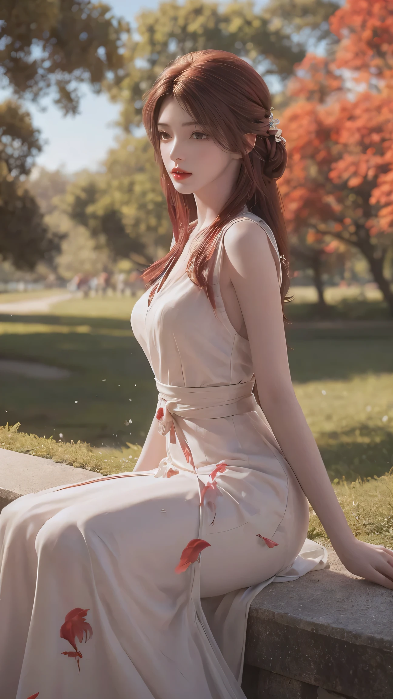 8K Ultra HD, Mastmis, A girl, Good face, Detailed, Eyes, Beautiful lips, Very red hair, dishiveredhair, Medium breasts, Wedding dress, White dress, In the park, Flying birds, blows wind, clear weather, Sitting, Full body capture,