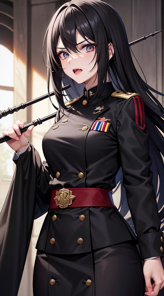 Adult woman, cabello recogido color negro, hair, grey eyes, Red general's uniform, spear, black lipstick, anger, Masterpiece, hiquality