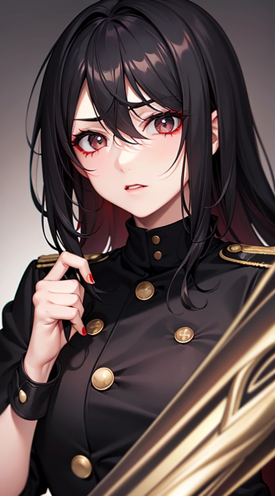 Adult woman, cabello recogido color ?????, hair, grey eyes, Red general's uniform, spear, black lipstick, anger, Masterpiece, hiquality