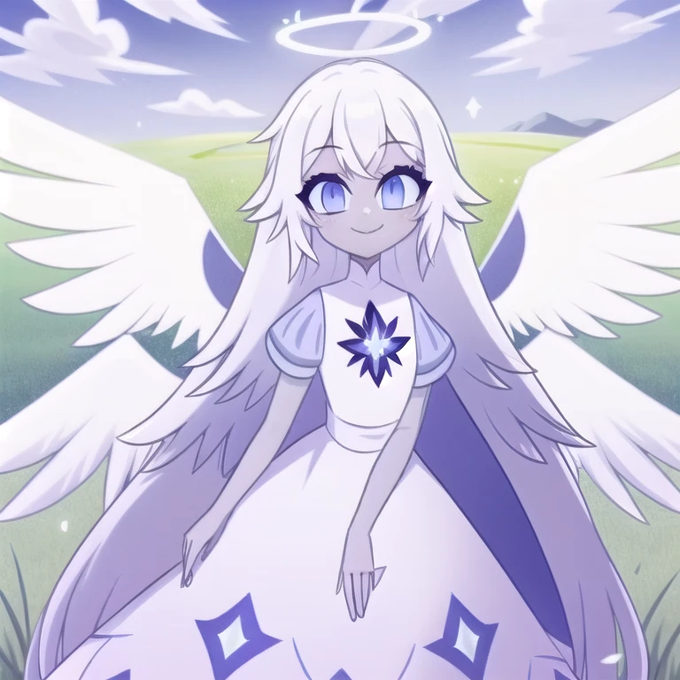 (in a green grassy field:1.1), sky, day, sun, clouds, a girl, angel, angel wings, blue eyes, colored skin, Emily, grey skin:1.2, halo, light blue sclera, long hair, closed mouth, , smile, very long hair, white dress, white hair, colored skin,  