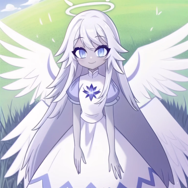 (in a green grassy field:1.1), sky, day, sun, clouds, a girl, angel, angel wings, blue eyes, colored skin, Emily, grey skin:1.2, halo, light blue sclera, long hair, closed mouth, , smile, very long hair, white dress, white hair, colored skin,  