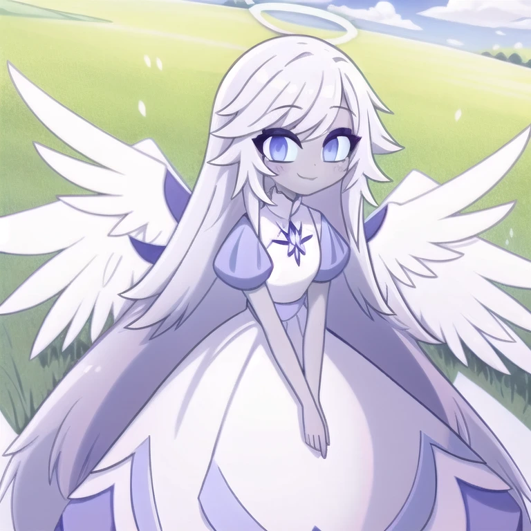 (in a green grassy field:1.1), sky, day, sun, clouds, a girl, angel, angel wings, blue eyes, colored skin, Emily, grey skin:1.2, halo, light blue sclera, long hair, closed mouth, , smile, very long hair, white dress, white hair, colored skin,  