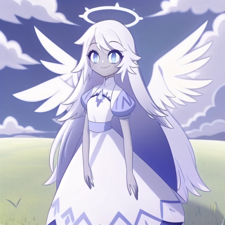 (in a green grassy field:1.1), sky, day, sun, clouds, a girl, angel, angel wings, blue eyes, colored skin, Emily, grey skin:1.2, halo, light blue sclera, long hair, closed mouth, , smile, very long hair, white dress, white hair, colored skin,  