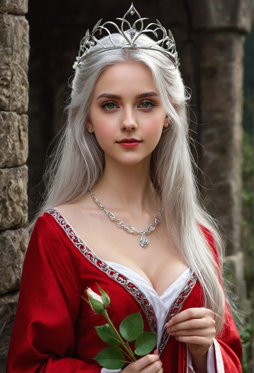 score_9, score_8_up, score_7_up, rating_safe, painterly, faux traditional media, oil painting, 1girl, solo, elf, pointy ears, breasts, long hair, very long hair, white hair, green eyes, portrait, looking at viewer, red robes, holding, holding flower, rose, red rose, necklace, jewelry, cowboy shot, standing, outdoors, castle