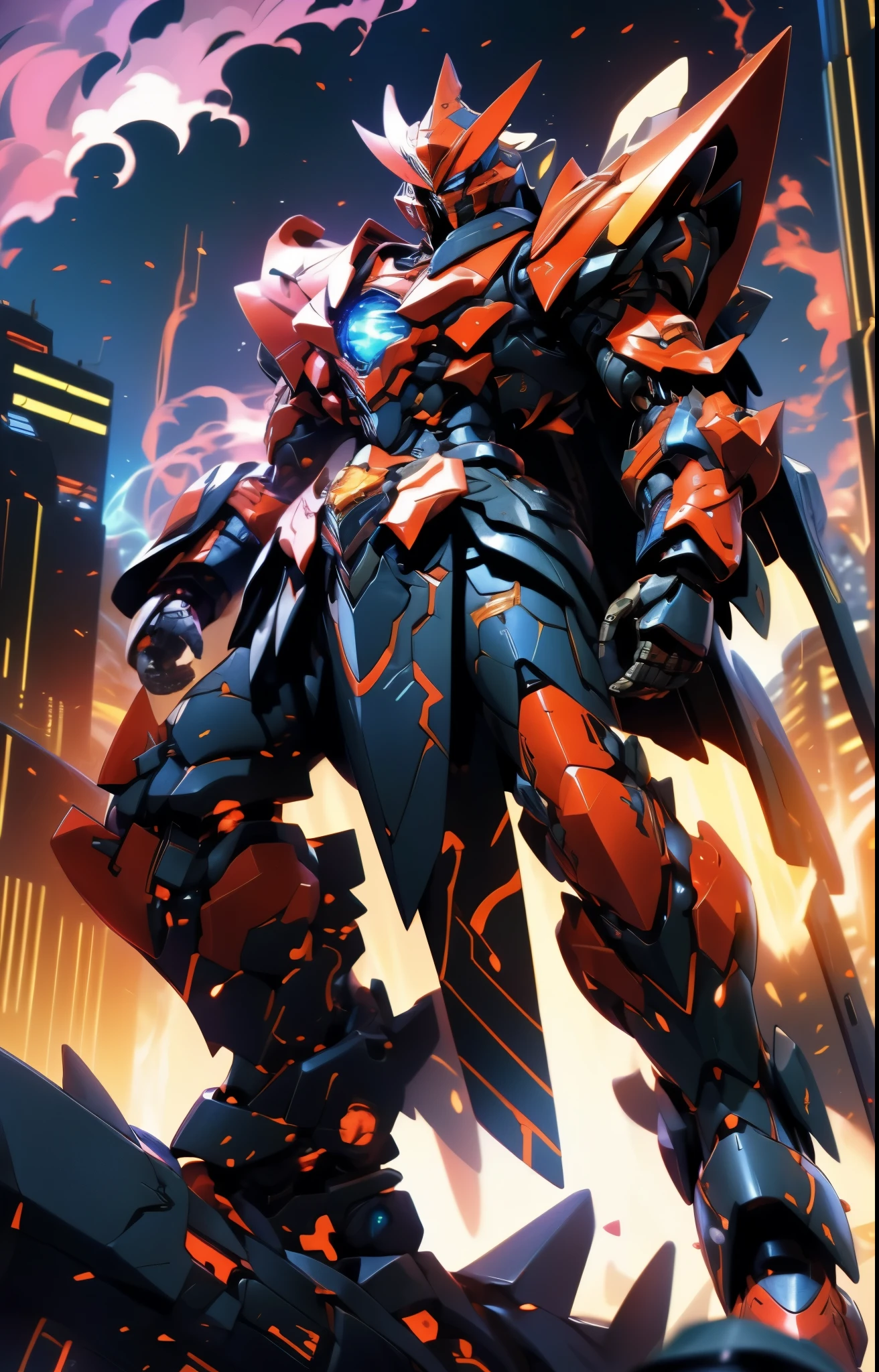 Humanoid Mecha, fully enclosed shoulder guards, matching arm and leg guards, full body, full armor, super robot, the design balances heavy with agility, (the color scheme is primarily white with red and blue accents, the concept Inspired by super robot, organic biotech chest armor, pose, standing, floating high above the futuristic sci-fi city), exquisite and mature art style, (aura effect, energy, glowing eyes, the armor glows), ((SRS)), metallic, dynamic angle, dynamic composition, dramatic, high definition, best quality, highres, ultra-detailed, ultra-fine painting, extremely delicate, professional, perfect body proportions, anatomically correct, symmetrical face, extremely detailed eyes and face, high quality eyes, creativity, RAW photo, UHD, 32k, Natural light, cinematic lighting, masterpiece-anatomy-perfect, masterpiece:1.5