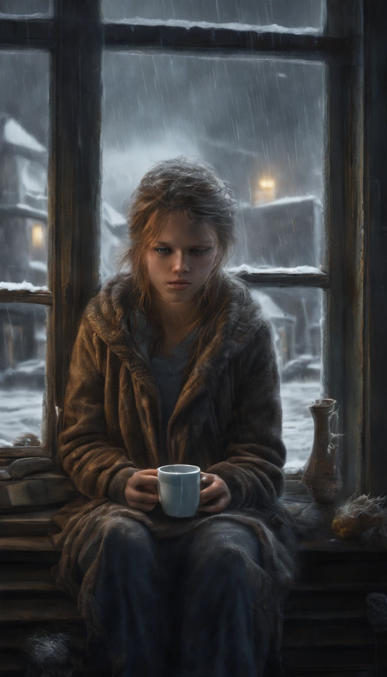 "Imagine a young woman sitting by the window, having a hot coffee on a cold and rainy day. The light is dim, coming only from candles burned at a nearby table. The young woman is dressed in comfortable clothes, but her face is gloomy and thoughtful. She is looking out the window, at the rain that falls heavily on the city. Describe the feeling of isolation and helplessness that surrounds the young woman, who is sitting alone in a cold and dark house, thinking about life and her future."