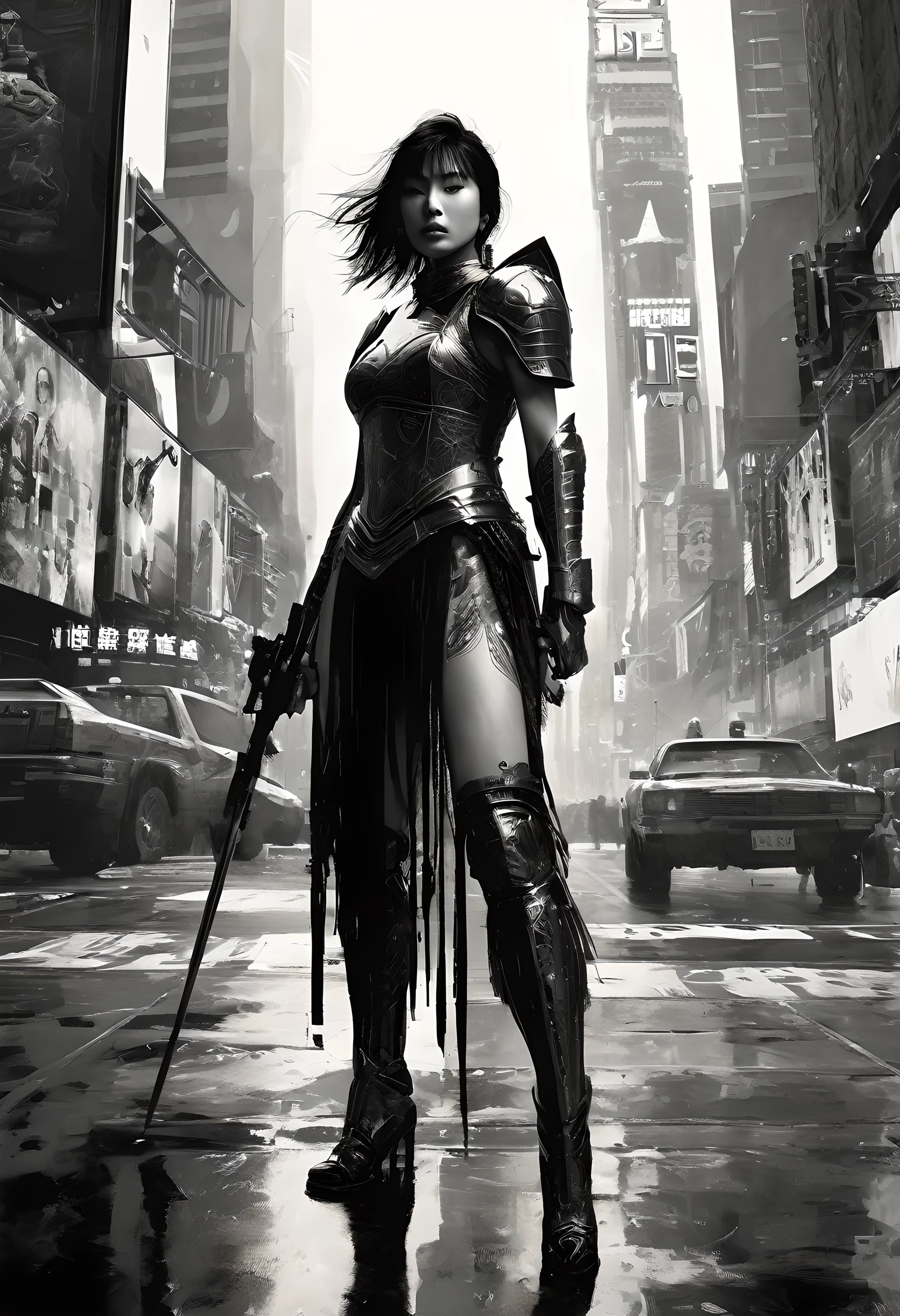 (Best Quality, Masterpiece, Beautiful, Super Detailed, Chinese Ink Painting: 1.1), 1 Woman, Female Warrior, Armor,  Wind, time square detailed background, cyberpunk shadow, dramatic lighting ,by Bill Sienkiewicz, Between Trees
