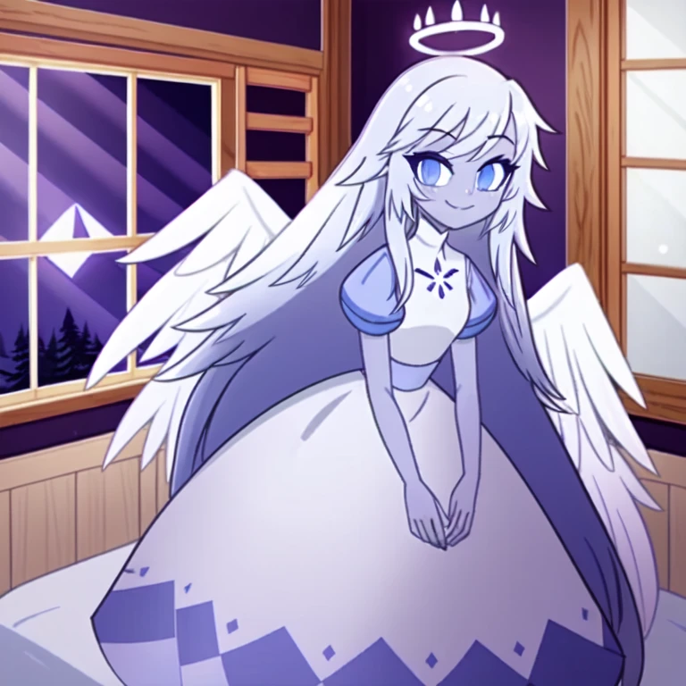 (bedroom:1.1, blue bed,  wooden shelves, wooden window to outside), looking at viewer, a girl, angel, angel wings, blue eyes, colored skin, Emily, grey skin:1.2, halo, light blue sclera, long hair, closed mouth, , smile, very long hair, white dress, white hair,  