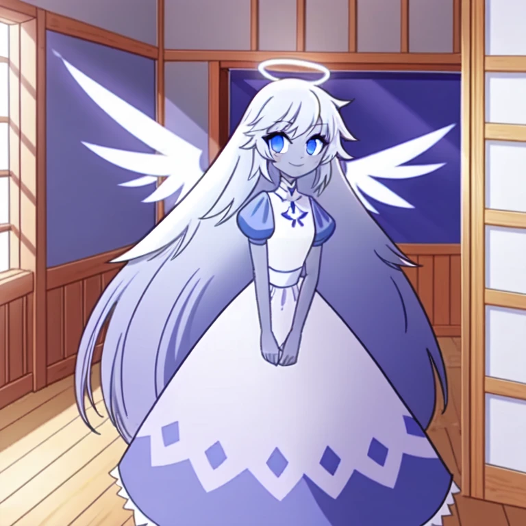 (bedroom:1.1, blue bed,  wooden shelves, wooden window to outside), looking at viewer, a girl, angel, angel wings, blue eyes, colored skin, Emily, grey skin:1.2, halo, light blue sclera, long hair, closed mouth, , smile, very long hair, white dress, white hair,  