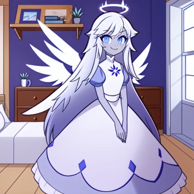 (bedroom:1.1, blue bed,  wooden shelves, wooden window to outside), looking at viewer, a girl, angel, angel wings, blue eyes, colored skin, Emily, grey skin:1.2, halo, light blue sclera, long hair, closed mouth, , smile, very long hair, white dress, white hair,  