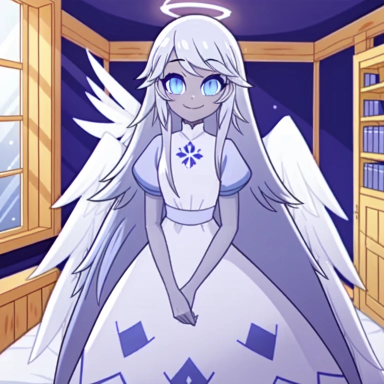 (bedroom:1.1, blue bed,  wooden shelves, wooden window to outside), looking at viewer, a girl, angel, angel wings, blue eyes, colored skin, Emily, grey skin:1.2, halo, light blue sclera, long hair, closed mouth, , smile, very long hair, white dress, white hair,  