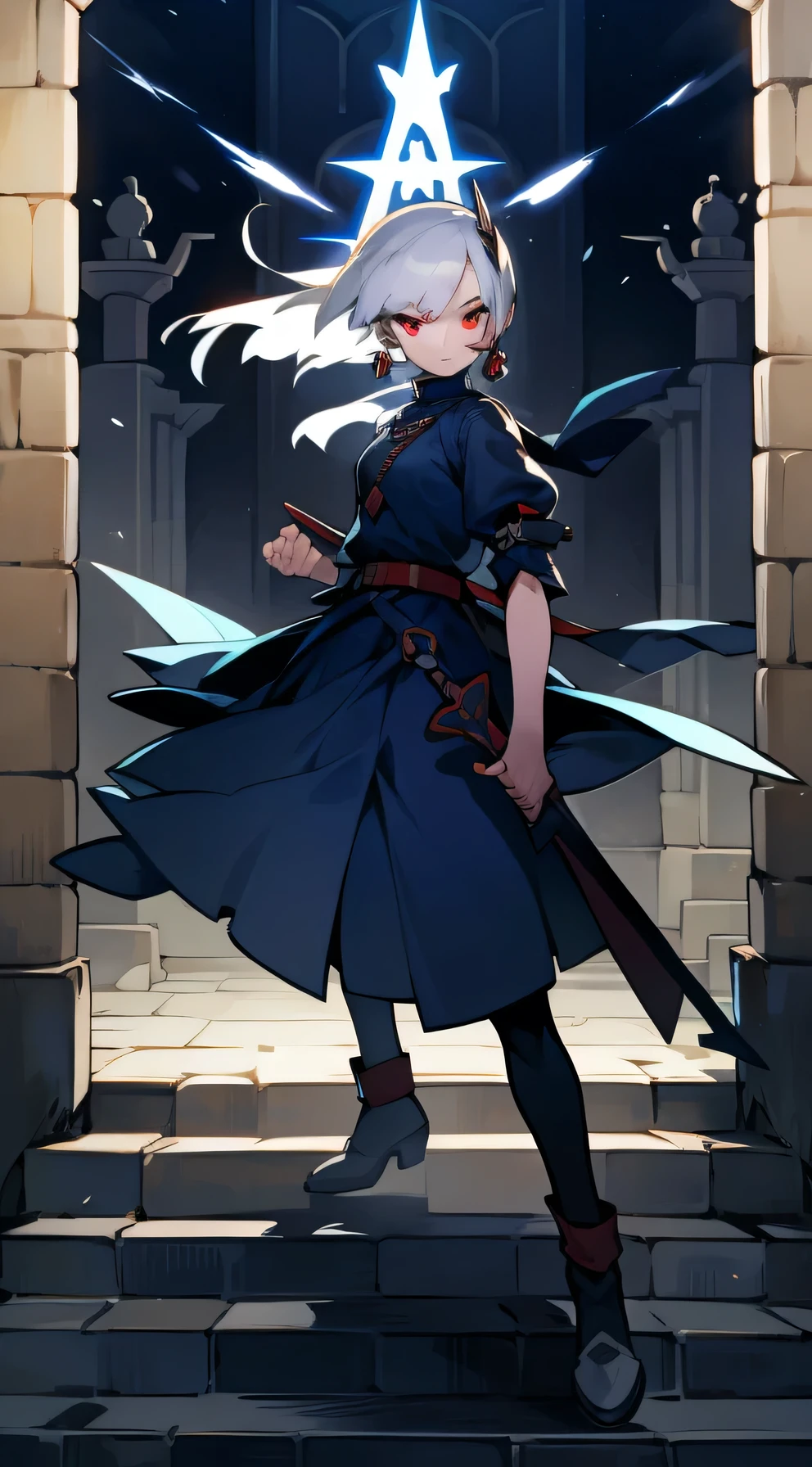 white-haired girl，short term, side bangs, gray skin, Red eyes, cross earring, outfit blue clothes occultist, dagger in hand, full height, dynamic pose, A Close Look, night, The light from the lantern, against the backdrop of a medieval street and dark gates