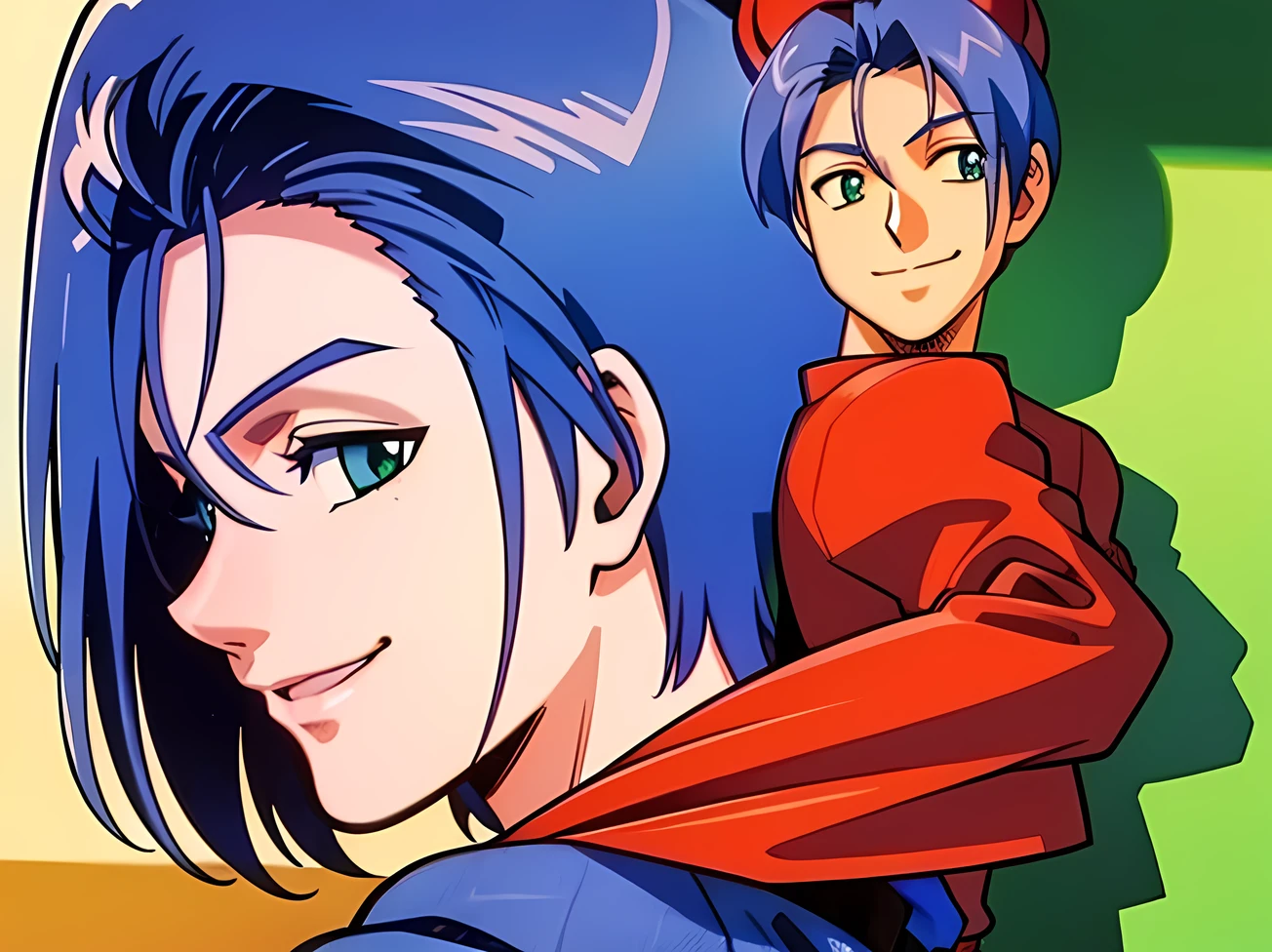 side_view_perspective, side view, perfil view, close up, looking at player, with jeans, red short-sleeved plaid shirt, cowboy hat, open mouth, smile, masterpiece, EPpkJames, short hair, blue hair, green eyes, 1 guy 1990s style