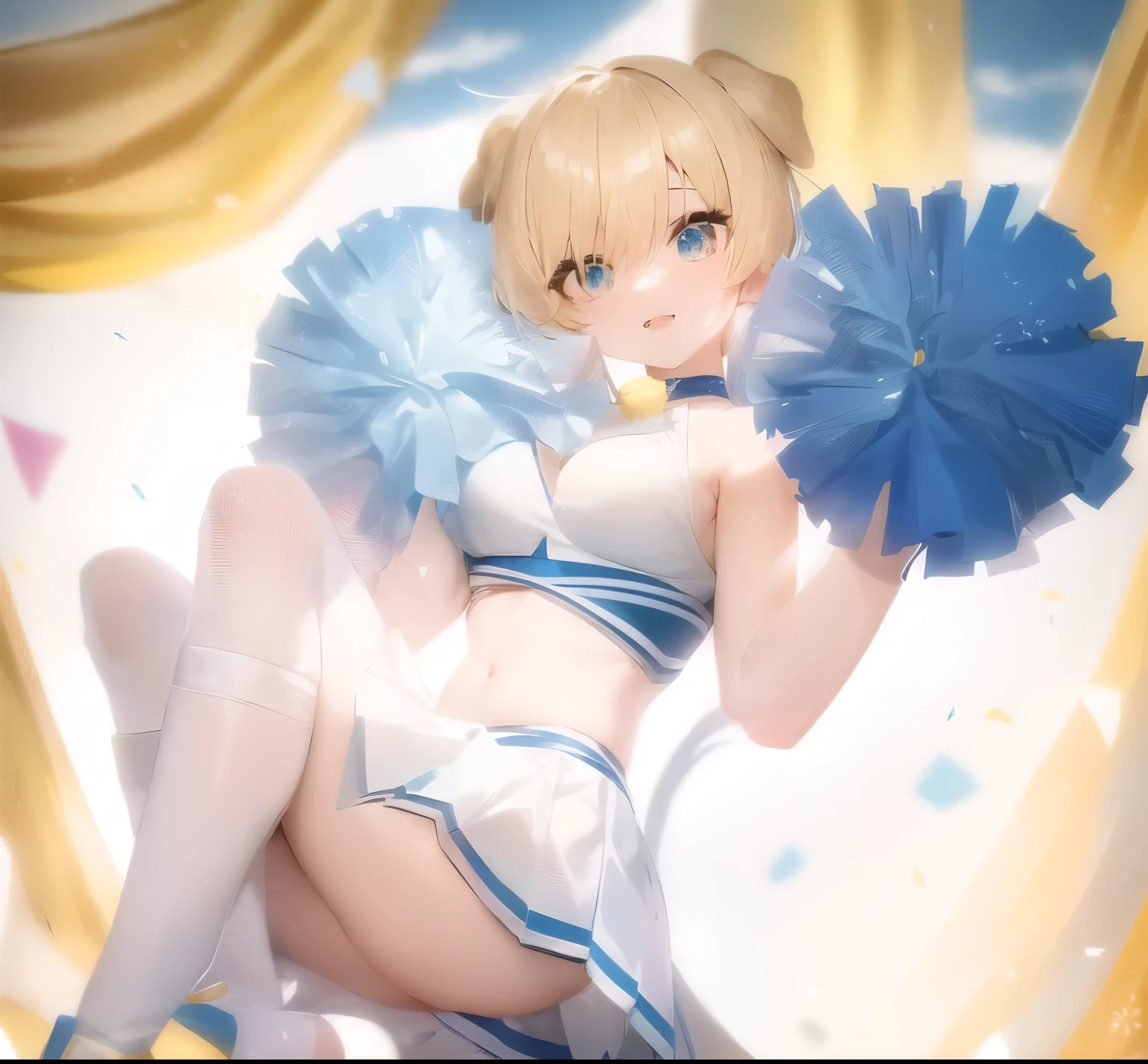 blonde pony tail anime girl in a light blue and white cheerleader outfit holding a (yellow pom pom), ((left eye covered by hair bang)), blue eyes, (have cute brown dog ears and tail), show belly, light smile, render of a cute 3d anime girl, hanayamata, small curvy, 3d anime girl, anime moe artstyle, vrchat, anime style. 8k, stylized anime, render of april, shikamimi, shiny curtain background