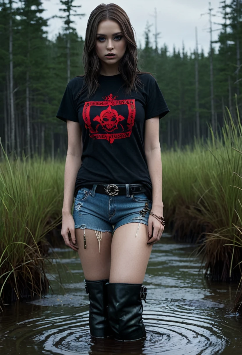 masterpiece, sensation:1.2, attention-grabbing:1.2, girl:1.2, depraved, ritual victim, drowning in bog, depraved face features, over-knee thigh-high stiletto boots:1.2, t-shirt, jeans shorts, ritual accessories, traditional indigenous accessories, hyperrealistic, detailed, cinematic lighting, dramatic atmosphere, muted color palette, mystical, surreal