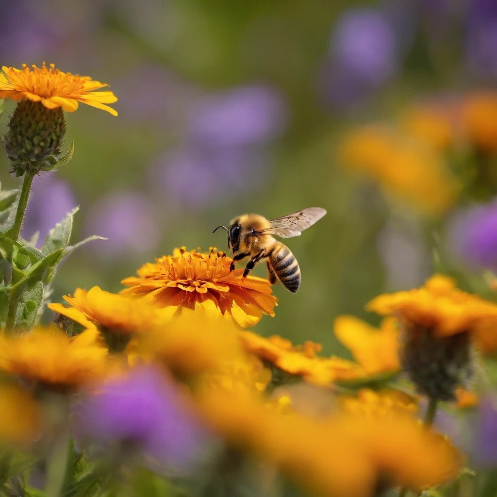Bee on a flower,around a field of flowers and beautiful butterflies