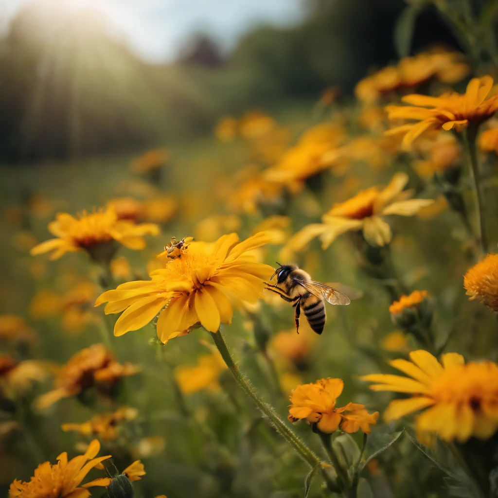 Bee on a flower,around a field of flowers and beautiful butterflies