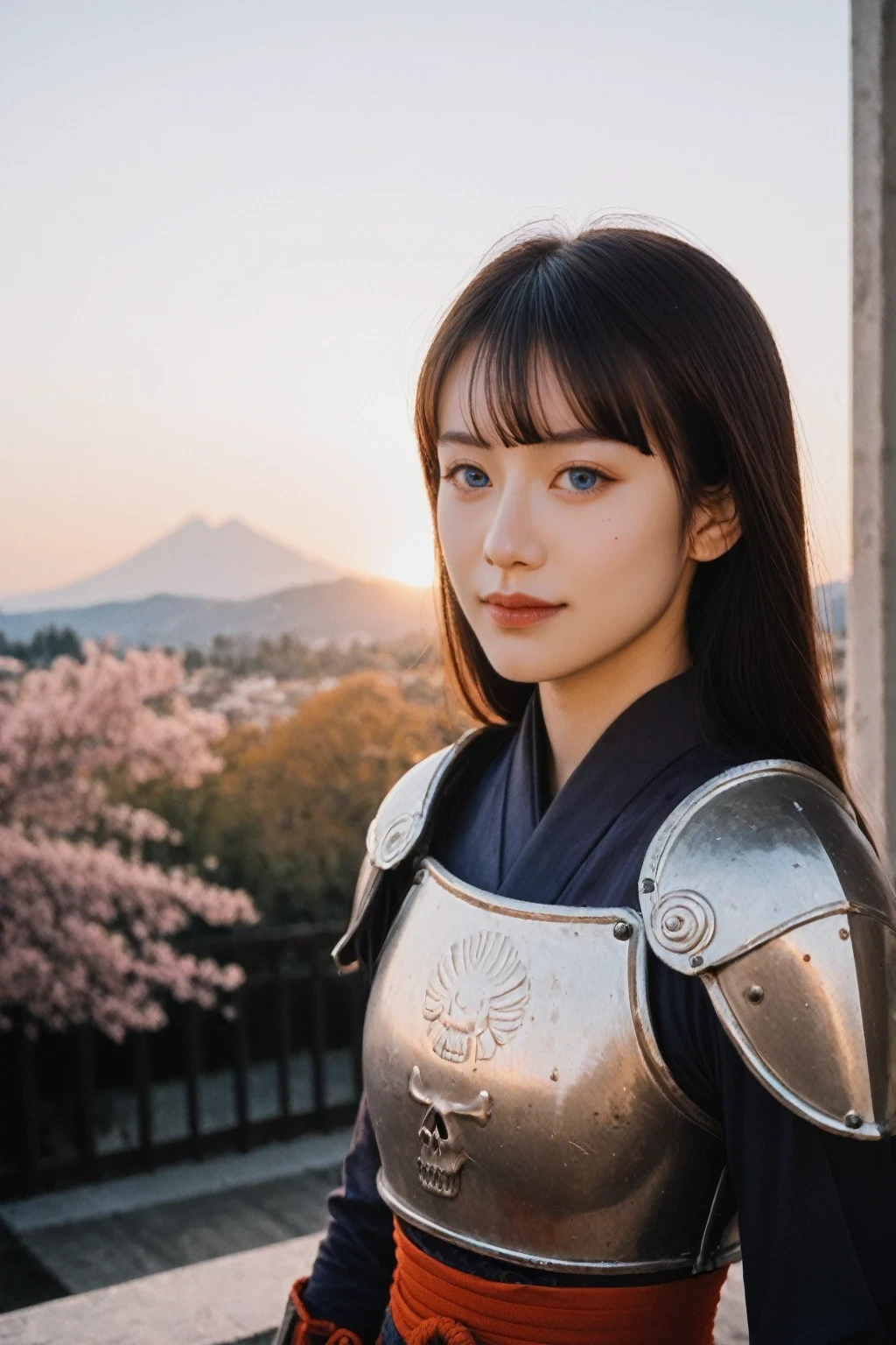 (score_9:0.6) score_8_up, sunset, chiaroscuro, film grain, photo, realistic, cinematic film still,
1girl, purple cateye eyeliner, blue eyes, japanese,asian,black hime cut,(pointy chin:1.2), petite, slim,
traditional japanese armor, skull shoulder plates, (flirty smile:0.6),
(backlighting:0.6), rimlight,
dust, cherry blossom trees, japanese temple, mountains, autumn colors