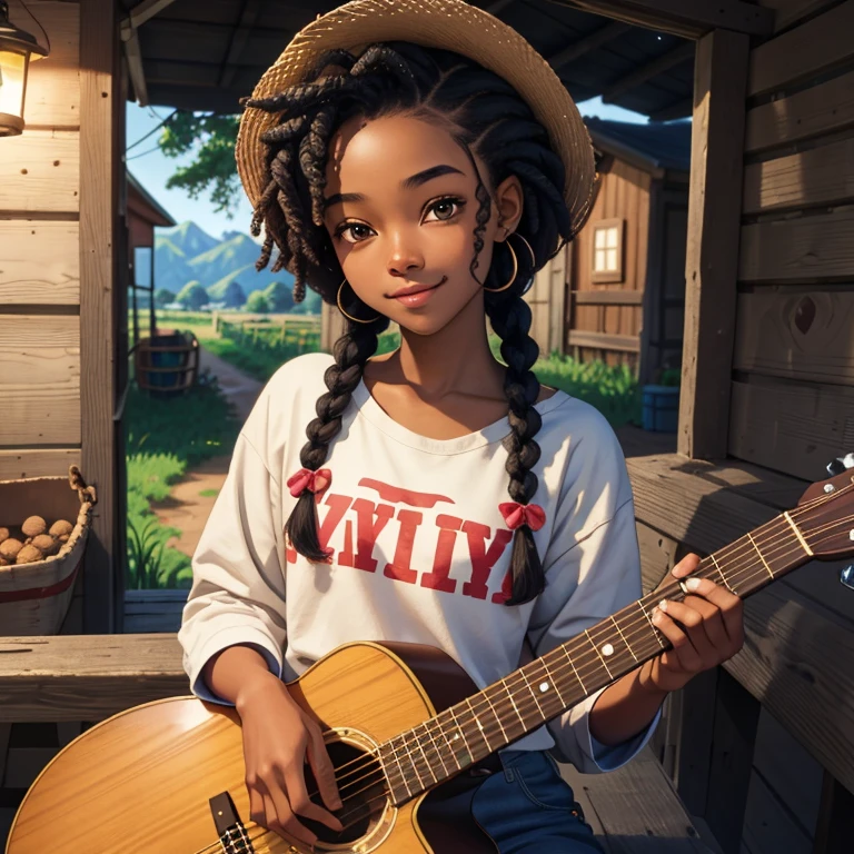 masterpiece, best quality), deep ebony 1girl, beautiful face, short Afro braids , cute, , beautify, Lofi vibe,, cute night vibe, concentrated, hands outside of the picture, farm, countryside vibe , cowgirl clothing, cute look, clothing is dry and baggy, small breasts,  vibe, cute smile, sitting next to a guitar, Stardew valley vibe