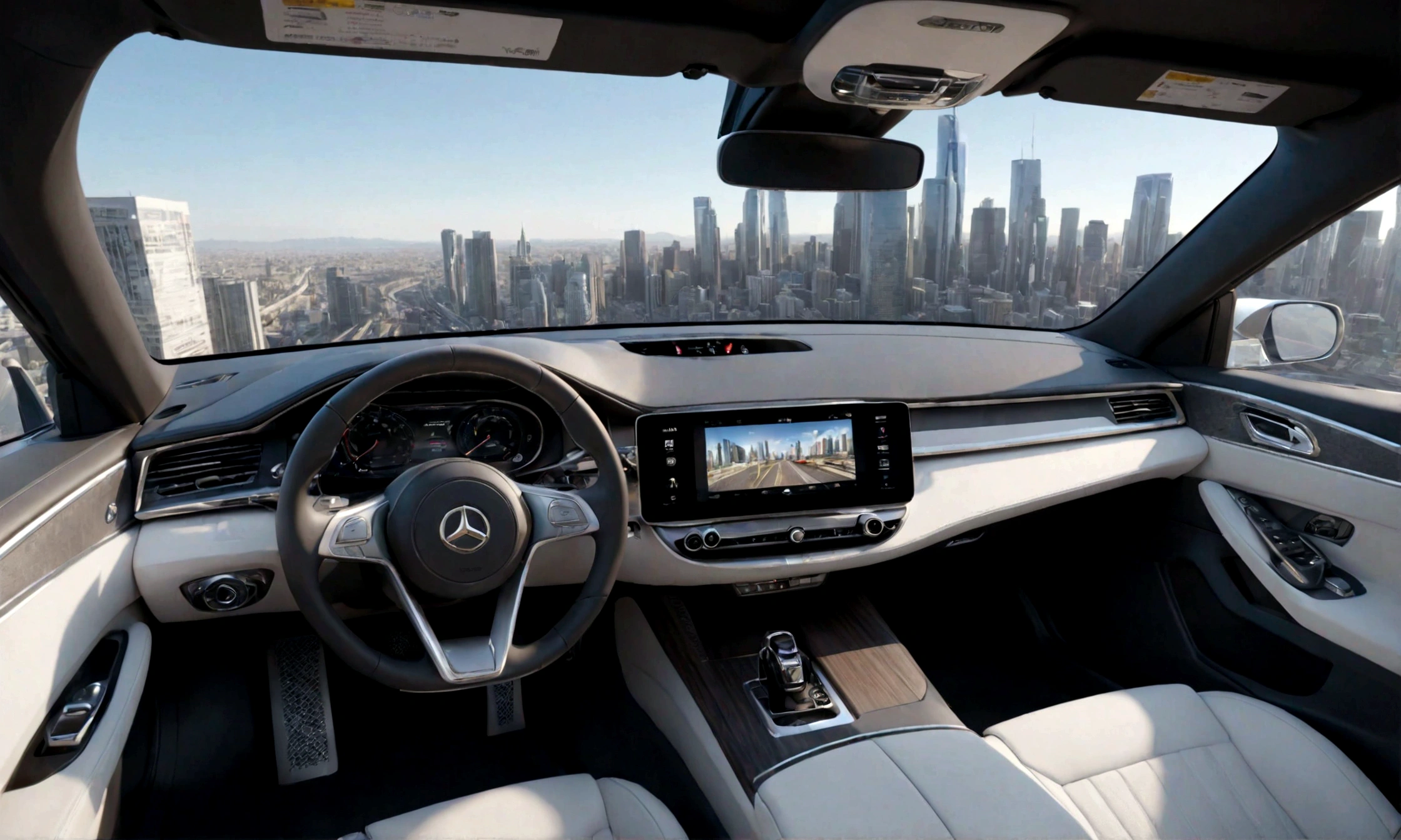 arafed view of a car with a dashboard and a view of a city, inside of a car, interior background, full view of a car, wide fov, a hyper realistic, hyper detailed scene, hyper-realistic, hyper - realistic, highly detailed environment, inside a grand, luxury, first person view perspective, realistic depiction, holographic display lenses