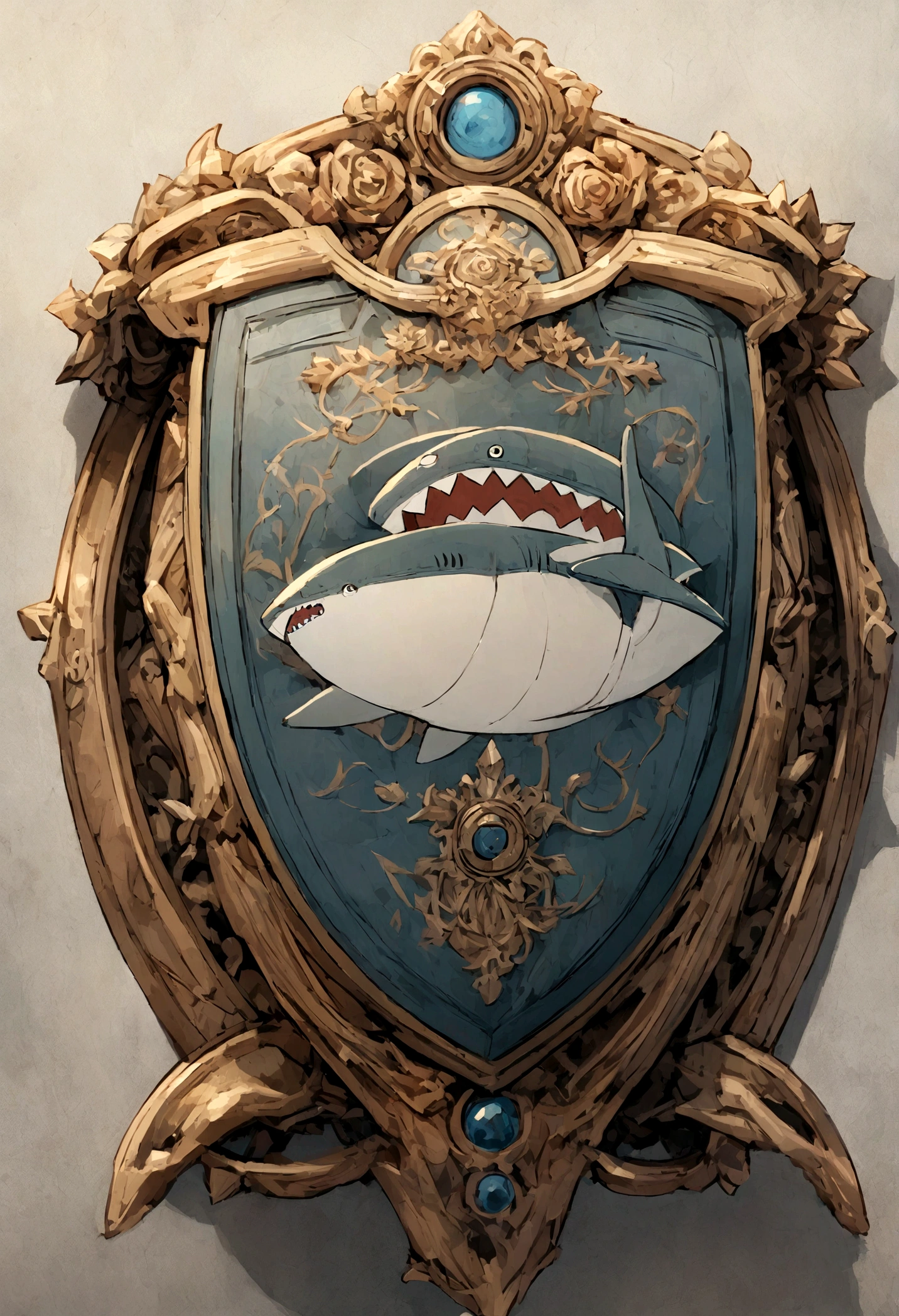 Logo of a shark in the shape of a shield, com as letras W e M