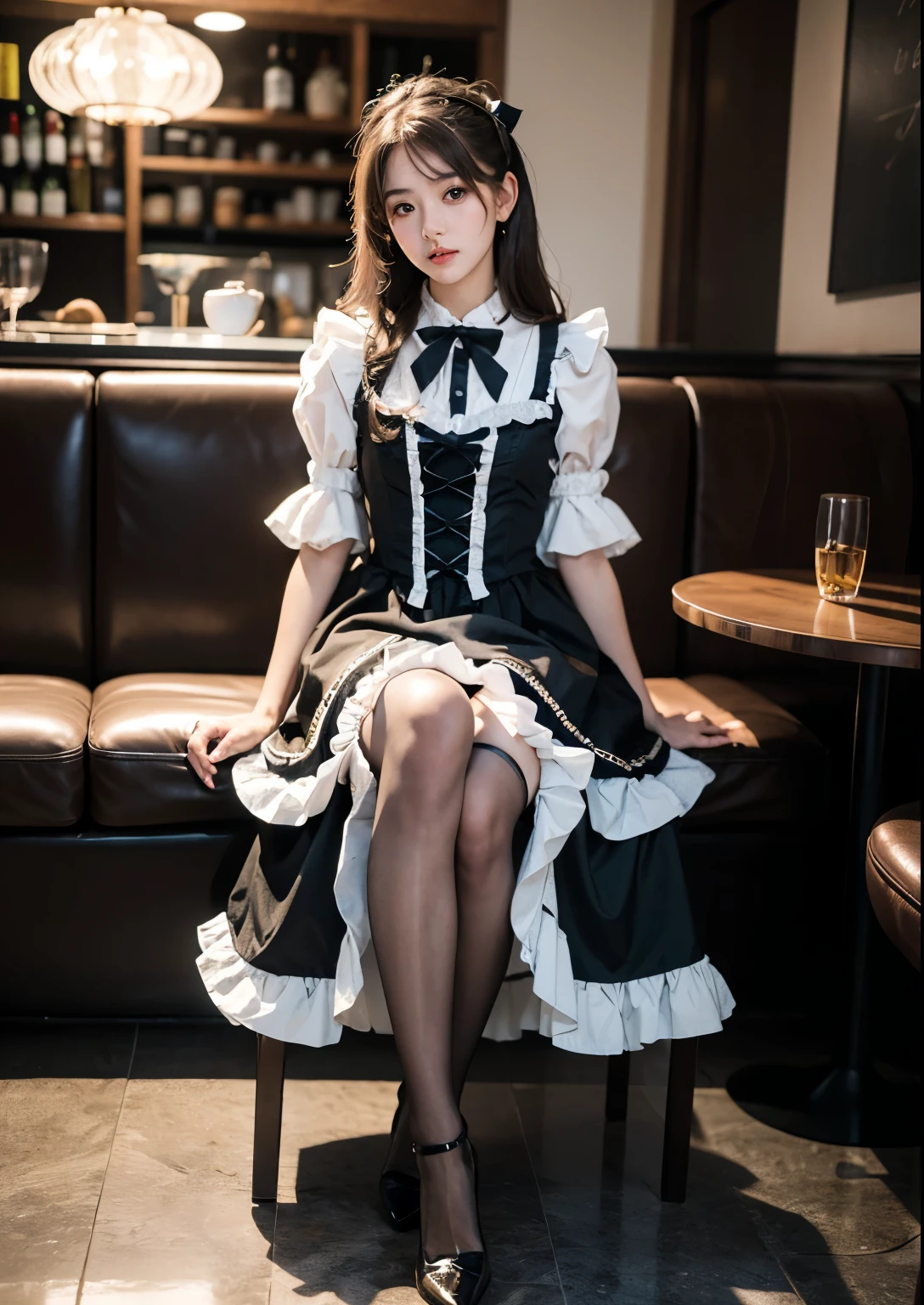 (highest quality:1.2), In 8K, RAW photo, (brown eyes, ta fashion, :1.2), Full body Esbian, amazing beautiful girl, transparent aura,face light, Pueros face,professional lighting, cinematic lighting, detailed face, Cafe,background bokeh,long wavy brown hair, long leg, 20 years girl