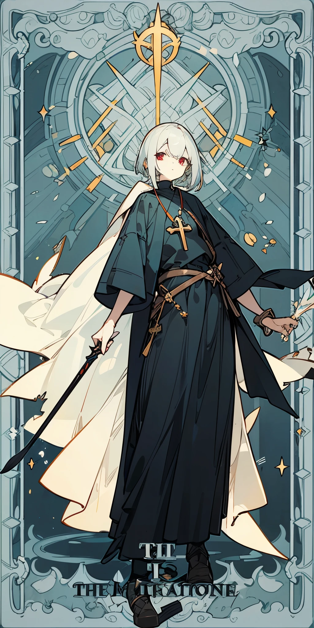 white-haired girl,short term, side bangs, gray skin, Red eyes, cross earring, occultist outfit, dagger in hand, full height, dynamic pose, A Close Look, night, The light from the lantern, against the backdrop of a medieval street and dark gates, a minimalistic composition"