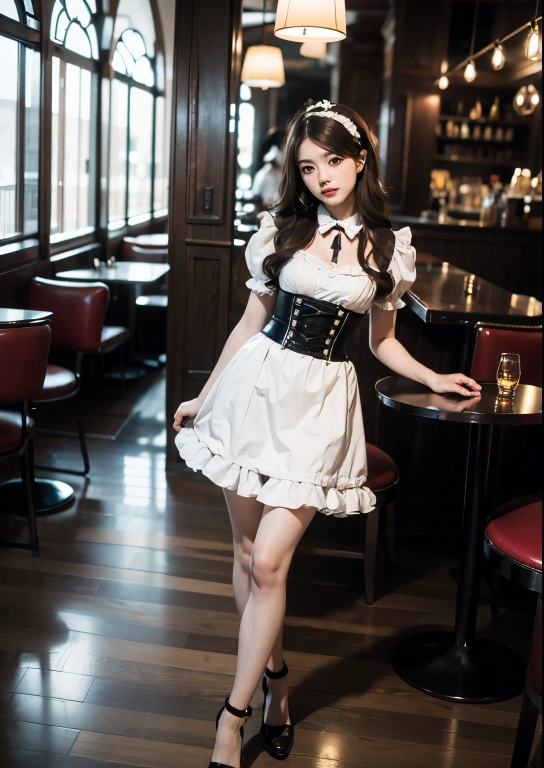 (highest quality:1.2), In 8K, RAW photo, (brown eyes, lolita fashion, :1.2), Full body Esbian, amazing beautiful girl, transparent aura,face light, Pueros face,professional lighting, cinematic lighting, detailed face, Cafe,background bokeh,long wavy brown hair, long leg, 20 years girl