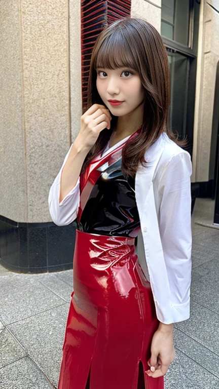Japanese women,25 talents, slender, Supermodel body type, A red latex costume that clings to the body、Maxi pencil skirt, Walking towards me, (High resolution), (8k), (Very detailed), (Detailed eyes), (Detailed face), (highest quality), (Very detailed), (masterpiece),