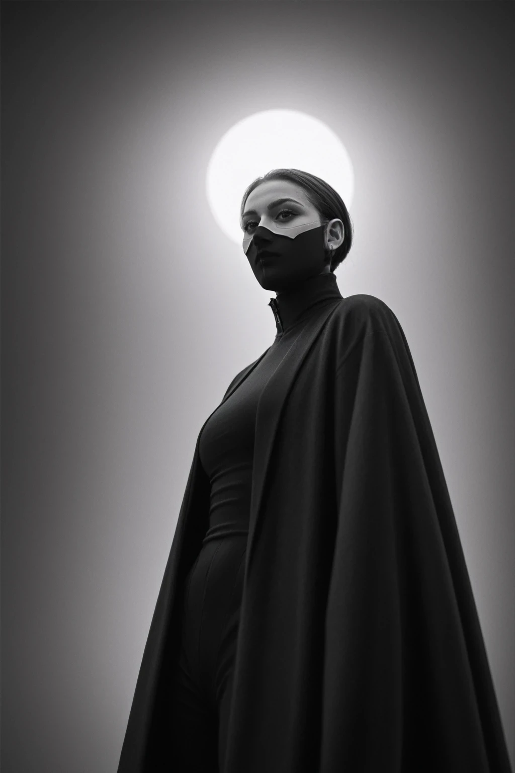 score_9, score_8_up, score_7_up, BREAK, Lenticular, DARK, Low Angle View, . a hkstyle woman with rotten plague doctor mask and a outworn detailed old high collar cyberpunk Samurai jacket, Large linen cape, surrounded by a detailed monochrome spacescape with translucent dark-amber Highlights, hyper-detailed, sharp, high resolution, high quality, 32K, Ultra realistic, HD, super detailed, line art, abstract style, detailed skin, depth of field, film grain