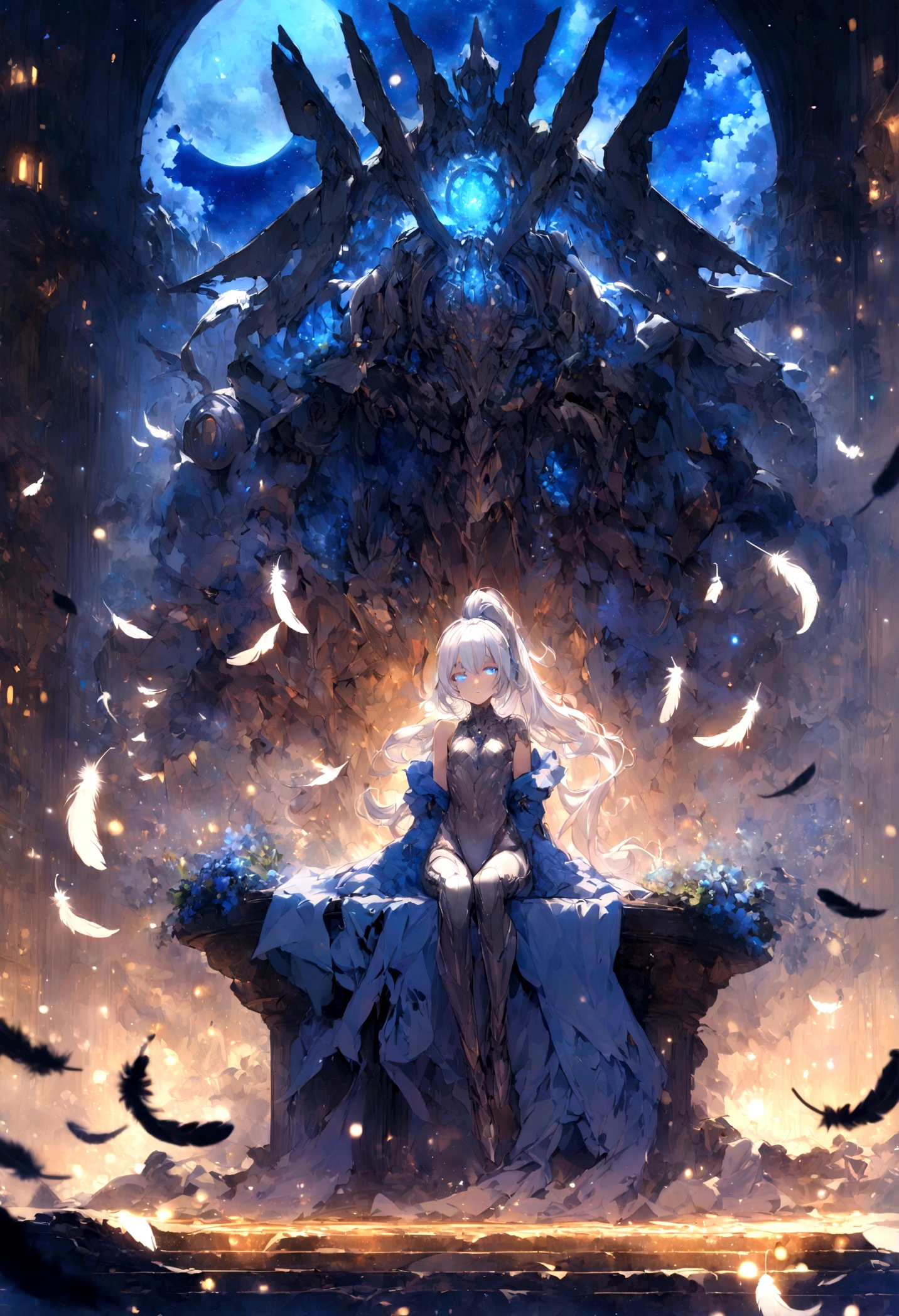 {{masterpiece}}, flat chestbest quality},{highres},solo,flat_chest,a girl inside the church with white hair and blue pupil surrounded by {many} glowing {feathers} in cold face,detailed face,night with bright colorful lights whith richly layered clouds and clouded moon in the detailed sky,{a lot of glowing particles},high ponytail,mecha clothes,robot girl,cool movement,sliver bodysuit,{filigree},delicate and (intricate) hair,((sliver)) and (broken) body,blue streaked hair,full body,Depth of field, sitting on a {blue star}
