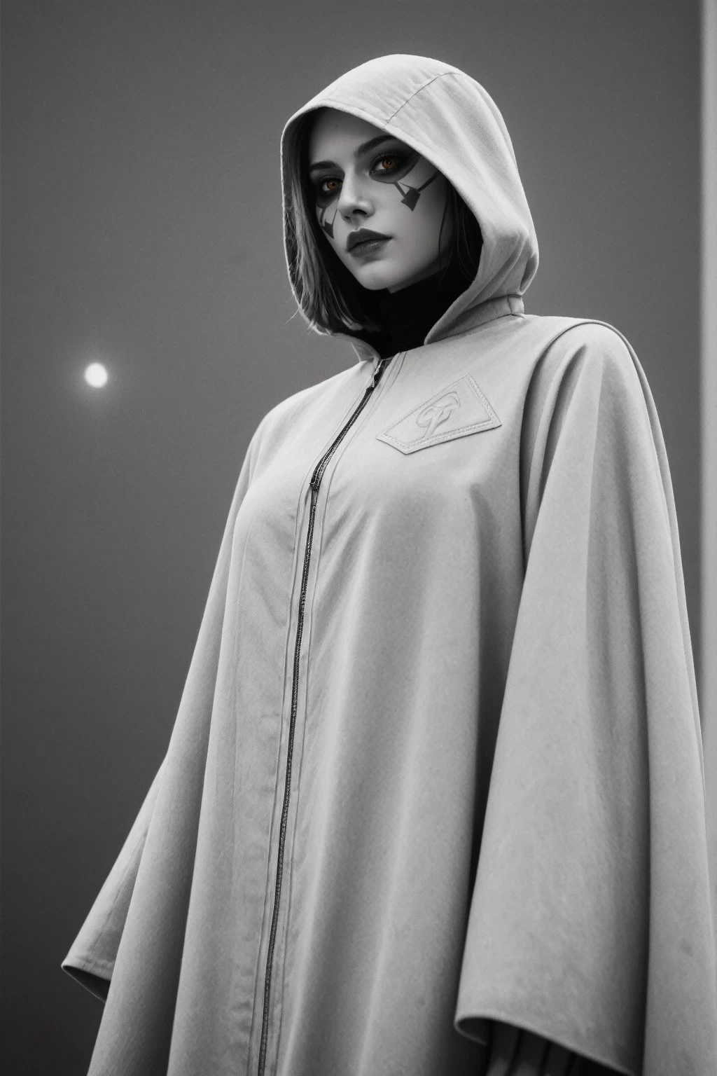 score_9, score_8_up, score_7_up, BREAK, Lenticular, DARK, Low Angle View, . a hkstyle woman with rotten plague doctor mask and a outworn detailed old high collar cyberpunk Samurai jacket, Large linen cape, surrounded by a detailed monochrome spacescape with translucent dark-amber Highlights, hyper-detailed, sharp, high resolution, high quality, 32K, Ultra realistic, HD, super detailed, line art, abstract style, detailed skin, depth of field, film grain