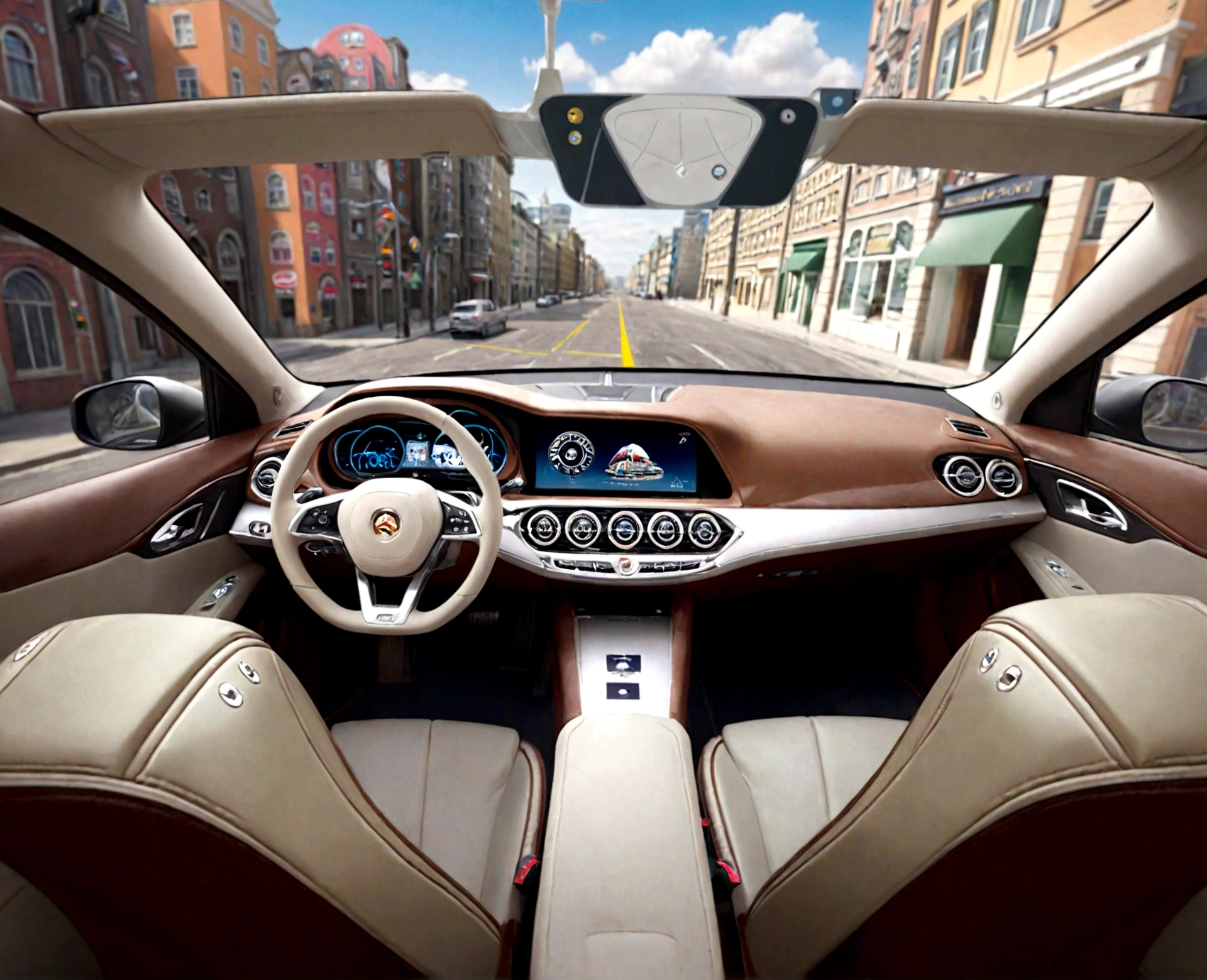 arafed view of a car with a dashboard and a view of a city, inside of a car, interior background, full view of a car, wide fov, a hyper realistic, hyper detailed scene, hyper-realistic, hyper - realistic, highly detailed environment, inside a grand, luxury, first person view perspective, realistic depiction, holographic display lenses