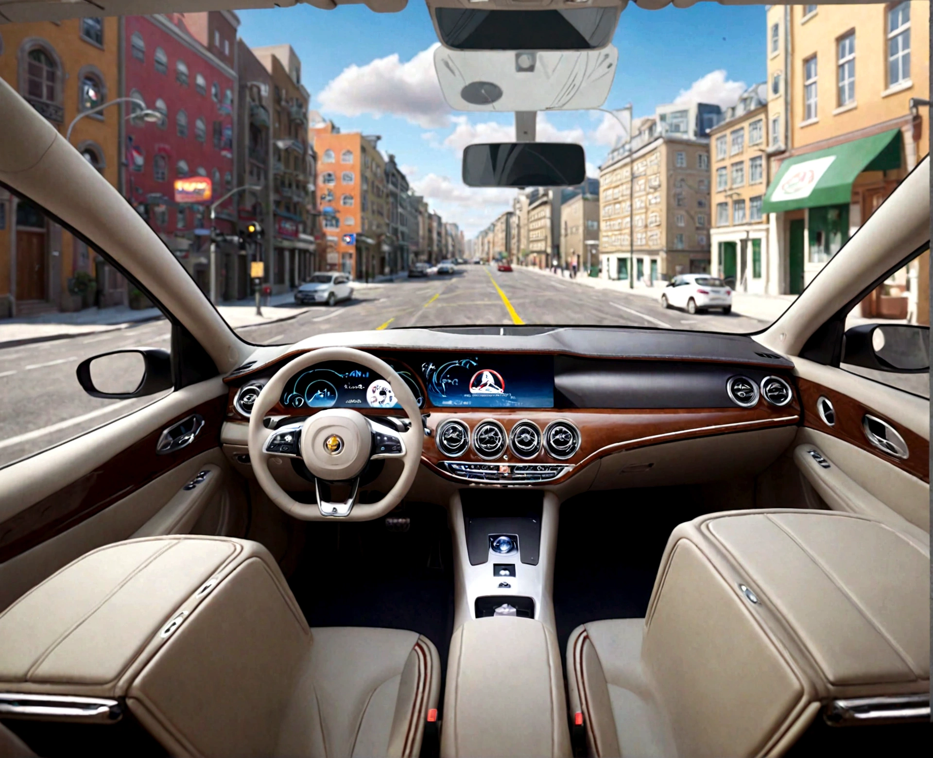 arafed view of a car with a dashboard and a view of a city, inside of a car, interior background, full view of a car, wide fov, a hyper realistic, hyper detailed scene, hyper-realistic, hyper - realistic, highly detailed environment, inside a grand, luxury, first person view perspective, realistic depiction, holographic display lenses