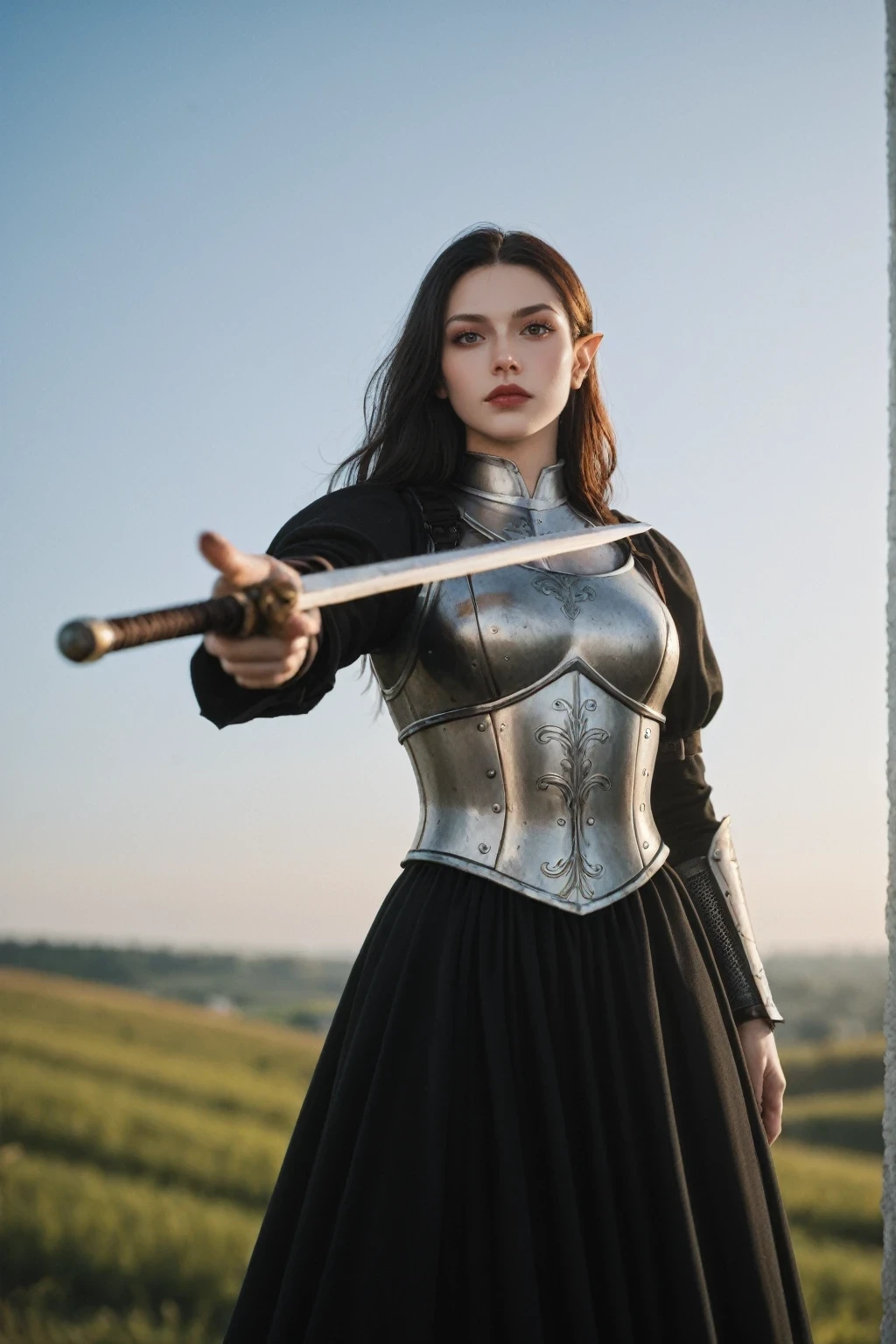 breathtaking score_9, score_8_up, score_7_up, BREAK, elf, long hair, medieval fantasy, aiming sword to viewer, evil, battlefield, goth, low-angle view, armor, sunny, lens flare, highly detailed, skin pores, detailed skin, depth of field, film grain, highly detailed, detailed skin, depth of field, . award-winning, professional, highly detailed