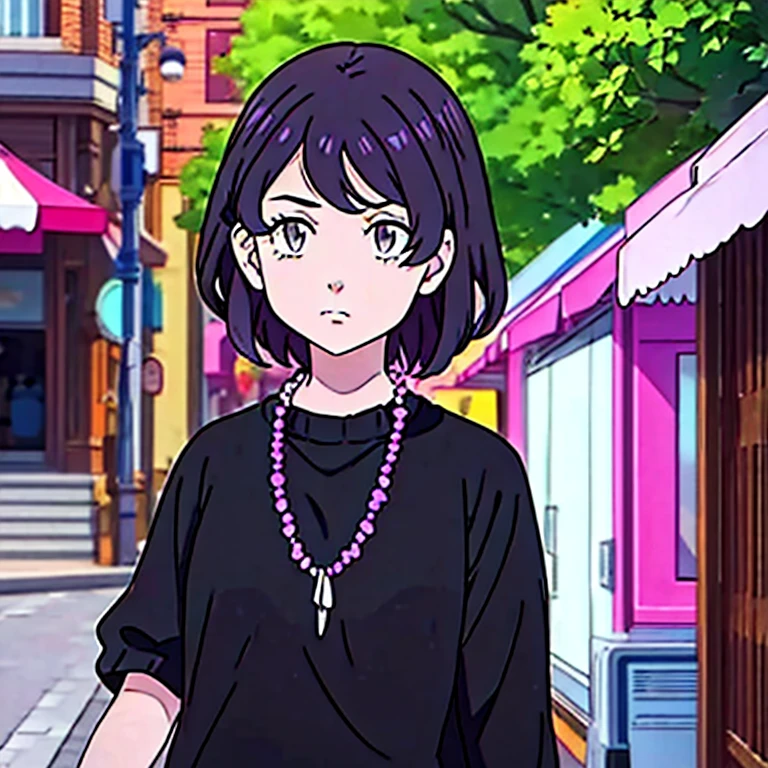 A -yeld giwith purple eyes, white skin, wavy black hair with bangs and violet highlights. She has a green sweatshirt and black shirt, sunglasses on her head and necklaces. She is walking alone through the streets of a market.