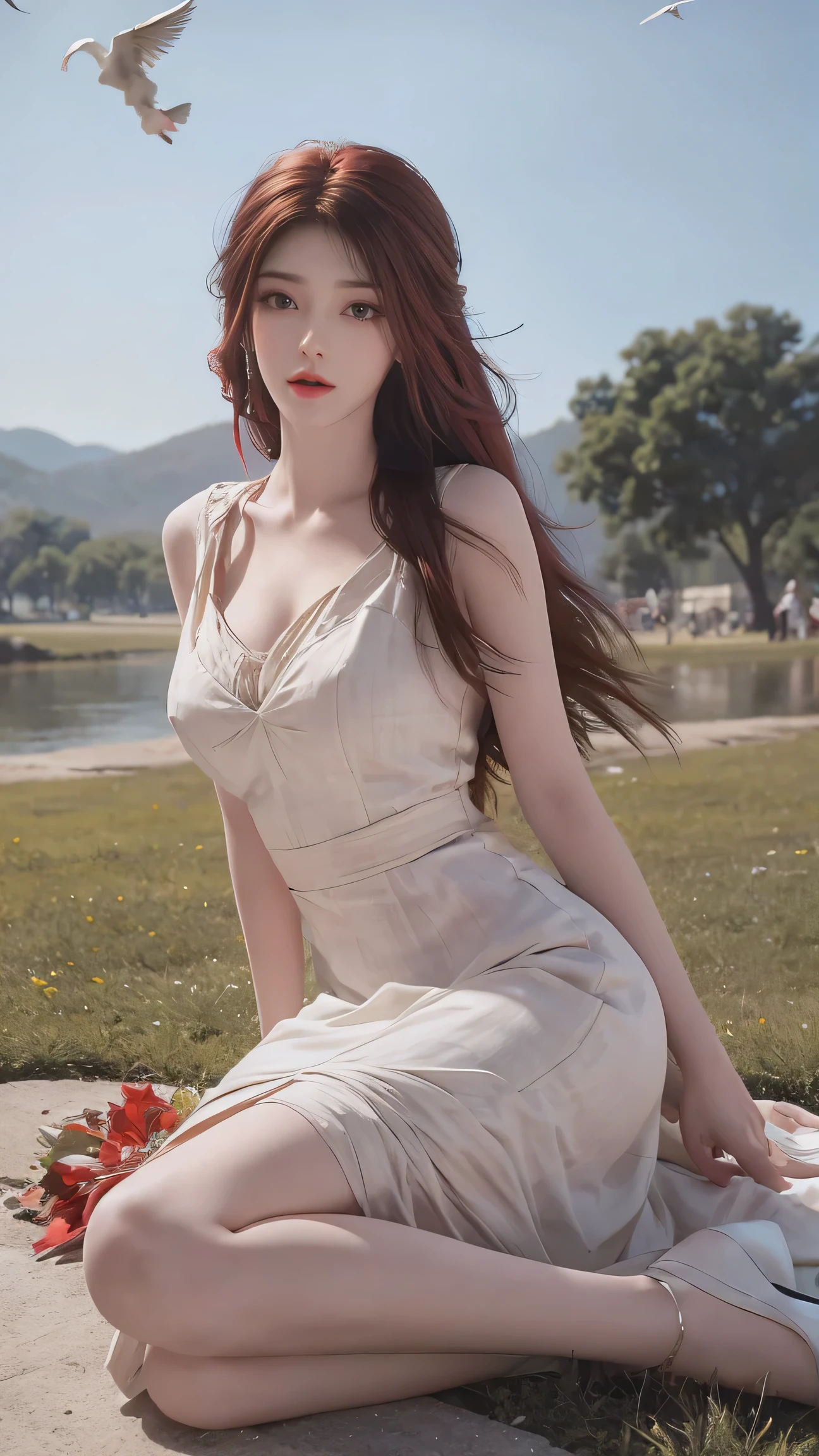 8K Ultra HD, Mastmis, A girl, Good face, Detailed, Eyes, Beautiful lips, Very red hair, dishiveredhair, Medium breasts, Wedding dress, White dress, In the park, Flying birds, blows wind, clear weather, Sitting, Full body capture,