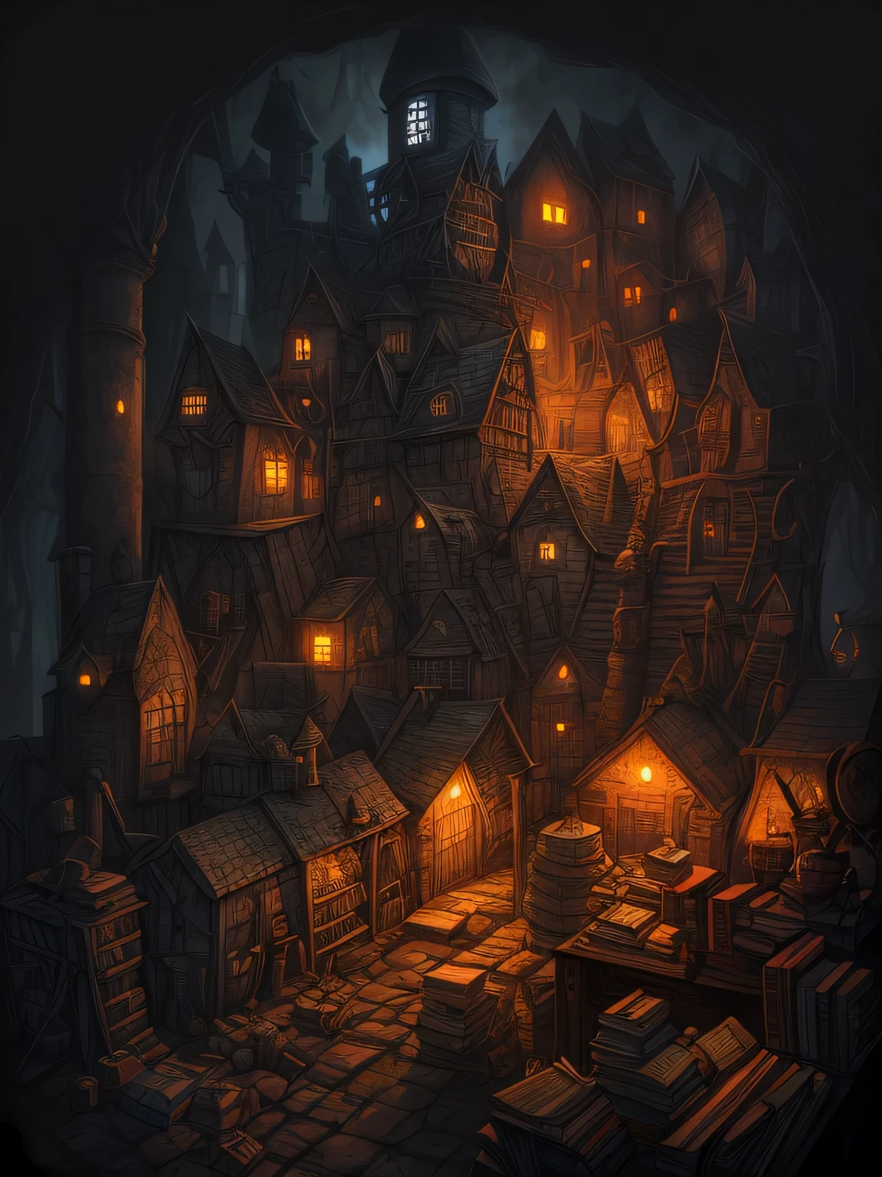 Fantasy university with caste walls, made of giant pencils and books and school boxes and laboratory items, dark underground attic junk town background; high contrast, dramatic light