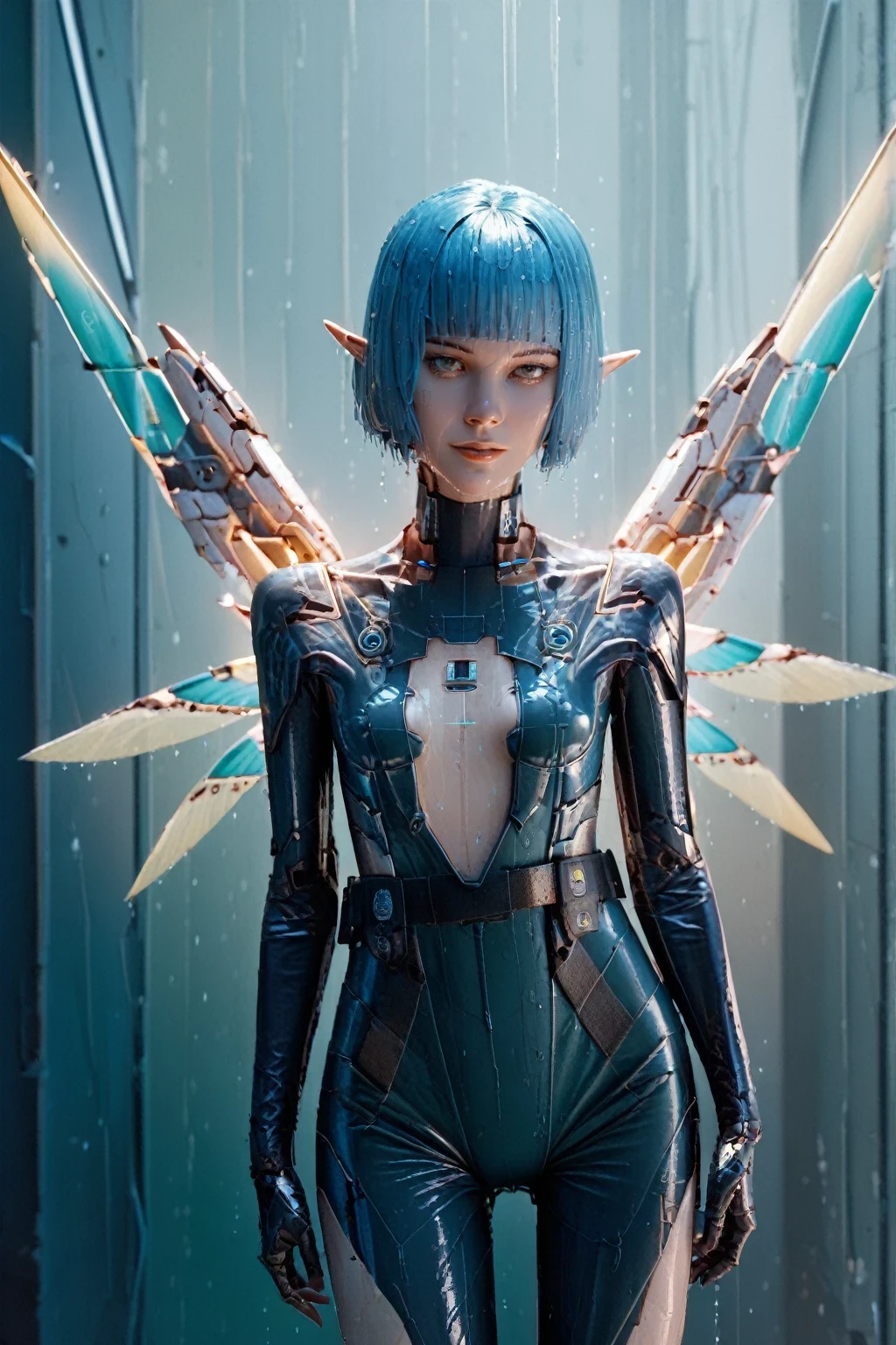 score_9, score_8_up, score_8, solo focus, 1girl, wet, dynamic sexy pose, small breasts, elf ears, (blue hair, straight hair, straight bob, bob cut, short hair), (sci-fi, futuristic, skin tight, body suit, mechanical energy wings, futuristic utility belt, sci-fi mecha armor, cutout, glowing exposed circuits, energy pistol), hot, sweaty, slender, skinny, very cute, perfect hands, extremely detailed face, volumetric lighting, cinematic lighting. Expressive, light smile, looking at viewer,  

sunset alien forest,

