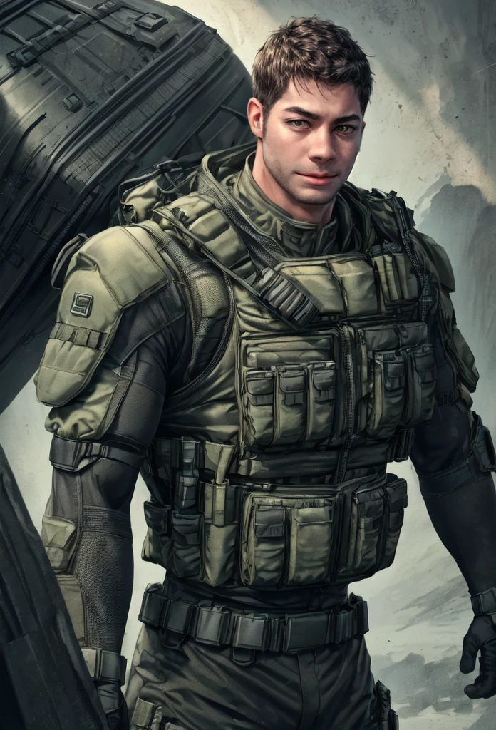 1 military muscular man age 35 happy face bulletproof vest, lineart, cel shading, best quality, 4k, 8k, highres, masterpiece, ultra-detailed, realistic, photorealistic, photo-realistic, sharp focus, vivid colors, professional