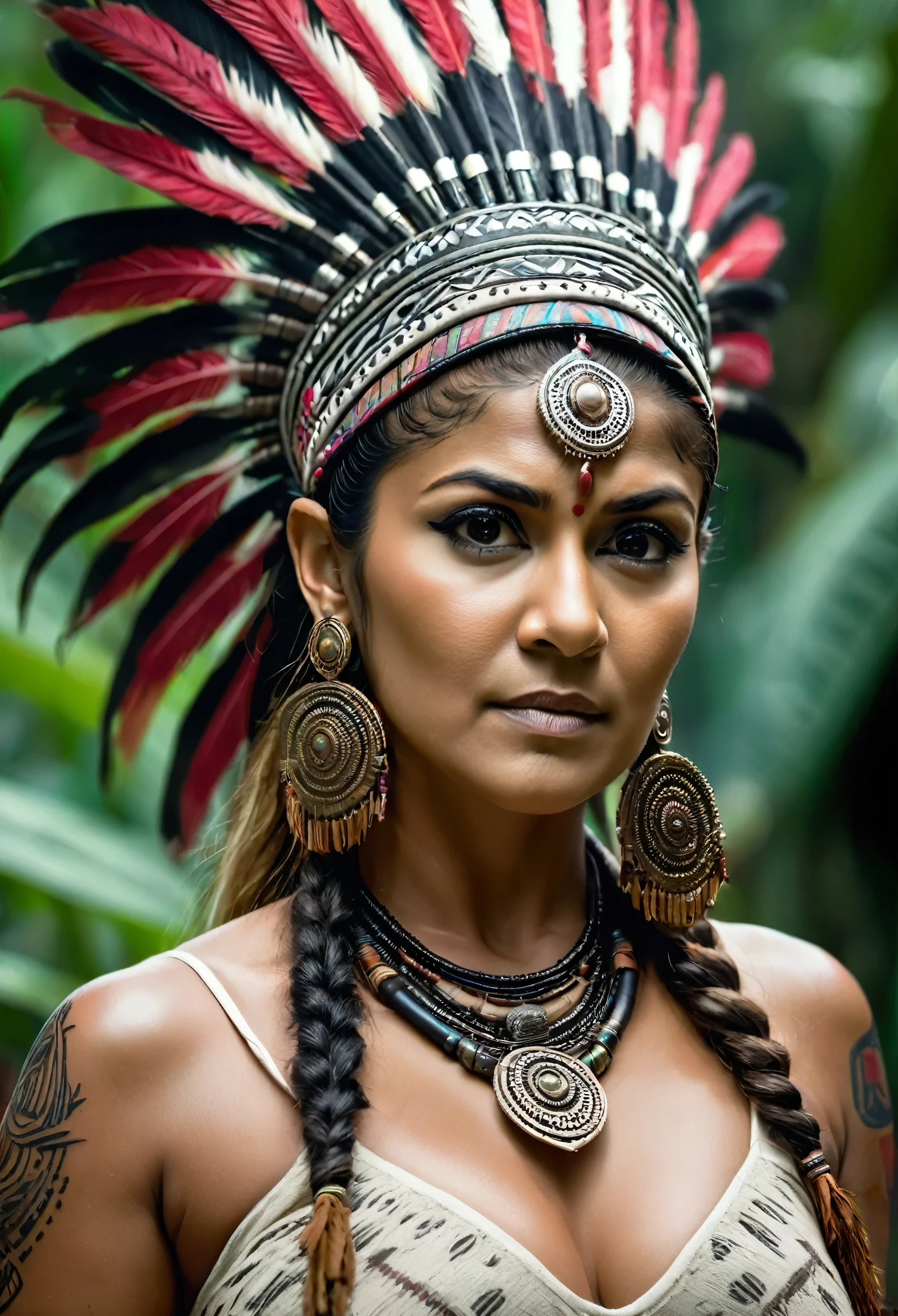 Foto RAW, looks like Nayanthara, excessive sweating, thick figure, curvy, milf, 50 years old Woman, tattoo in the middle of her breast, with realistic Indian headdress , tribal girl, stunning looks, tribal headdress, tattoos, colourful tribal tattoos, tribal white girl, Polynesian tribe, best quality , best cinematic colour grading, detailed lighting, high resolution , (pele altamente detalhada: 1.2), 8k UHD, DSLR, soft-lighting, alta qualidade, grain of film, Fujifilm XT3, highly detailed armpits, armpits hair, fully naked, nipples covered by hai, skin pores, skin texture, high quality skin,