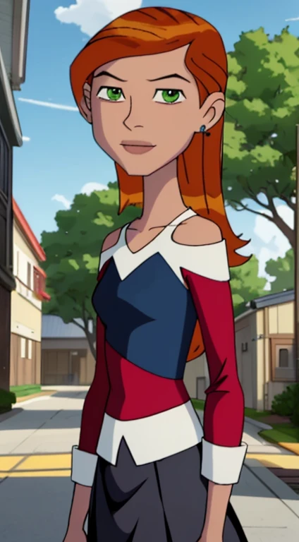 ((best quality)), ((masterpiece)), (detailed), Gwen Tennyson, 1 girl, off shoulder sweater, anime girl with orange hair and gray shirt and azul skirt, anime visual of a cute girl, soft anime cg art, cute anime girl, young anime girl, an anime girl, animated female character, (anime girl), pretty anime girl, anime character art, animated character, anime girl, anime girl portrait, anime moe art style, best anime girl ( beautiful smile) (Orange hair) (green eyes)